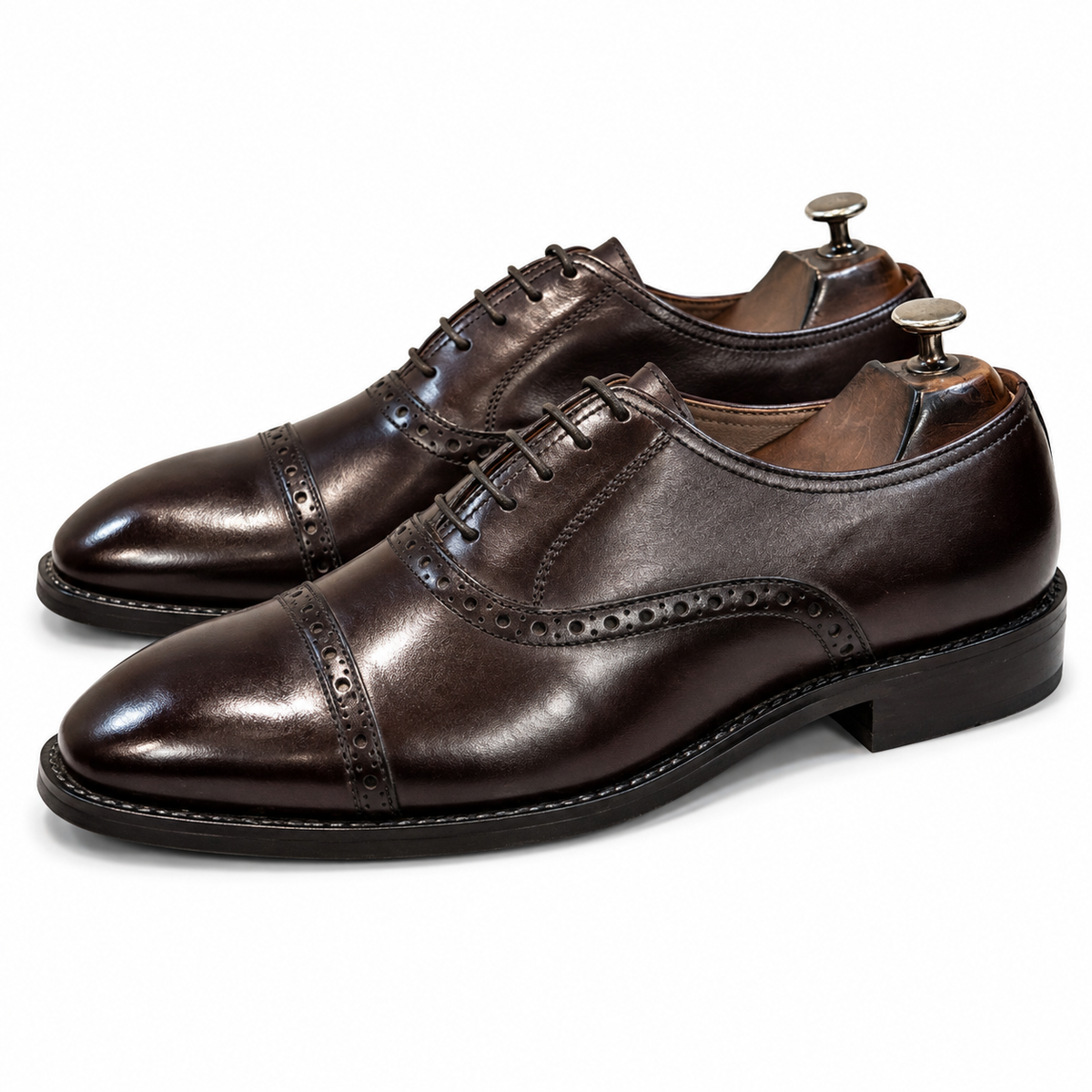 Dark Brown Cap Toe Brogue Leather Oxford Shoes