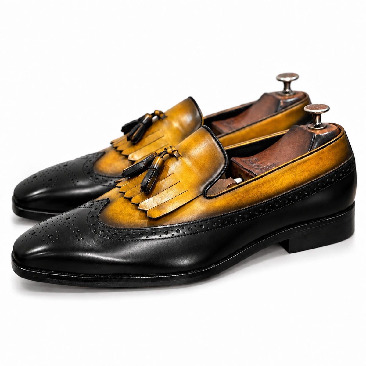 Mustard Noir Kiltie Tassel Loafers