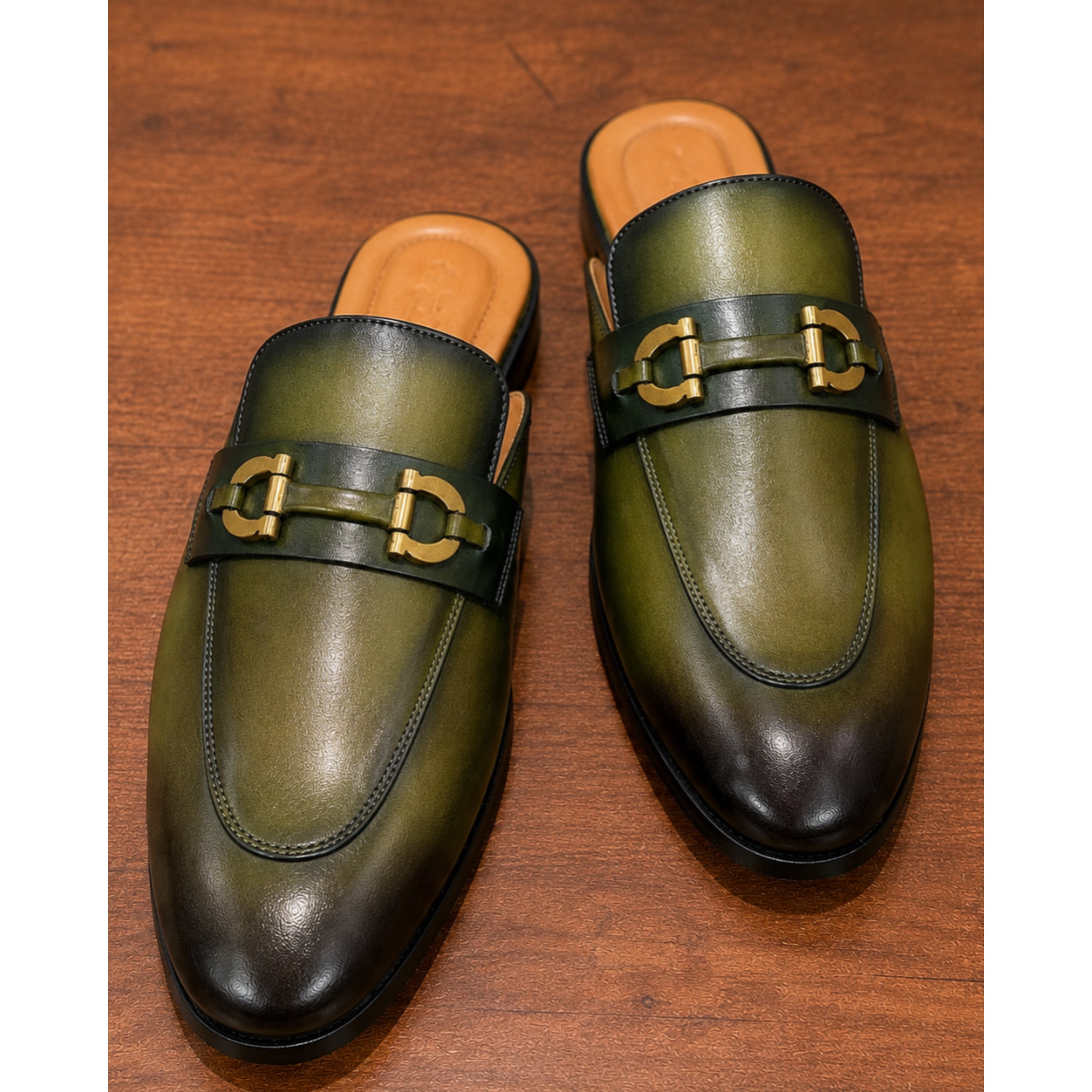 Verdant Monarch Horsebit Mule Loafers – Green Two-Tone Leather