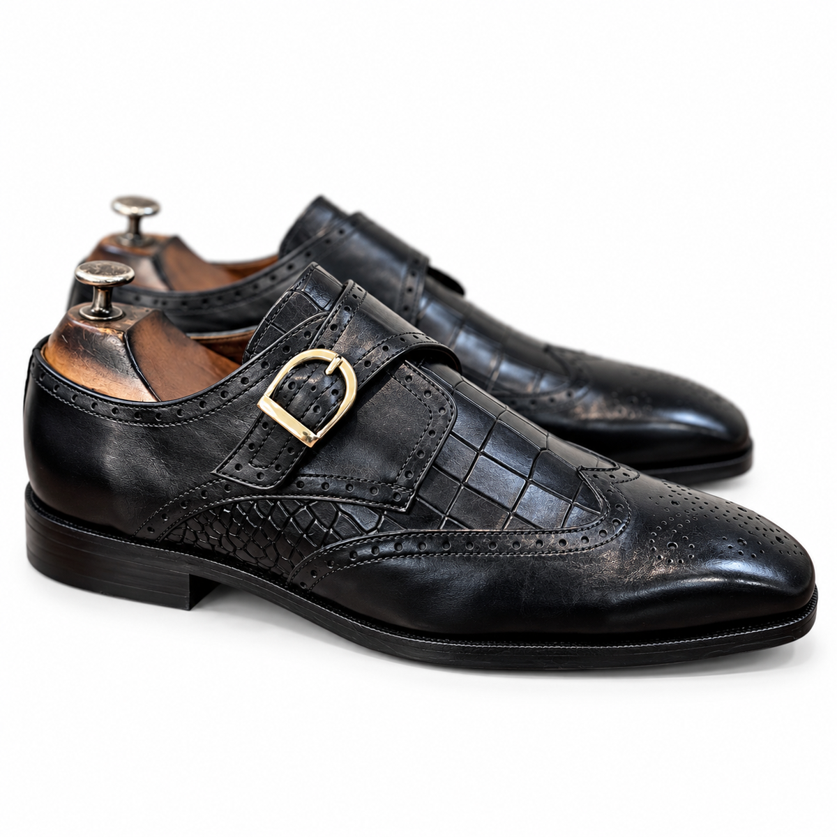 Noir Croco Regent Single Monk Brogue Shoes