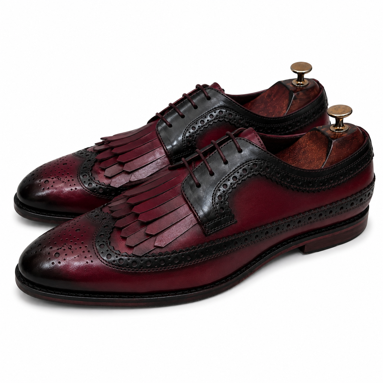 Imperial Kiltie Longwing Oxfords – Bordeaux Hand Patina Luxury Brogue Dress Shoes for Men