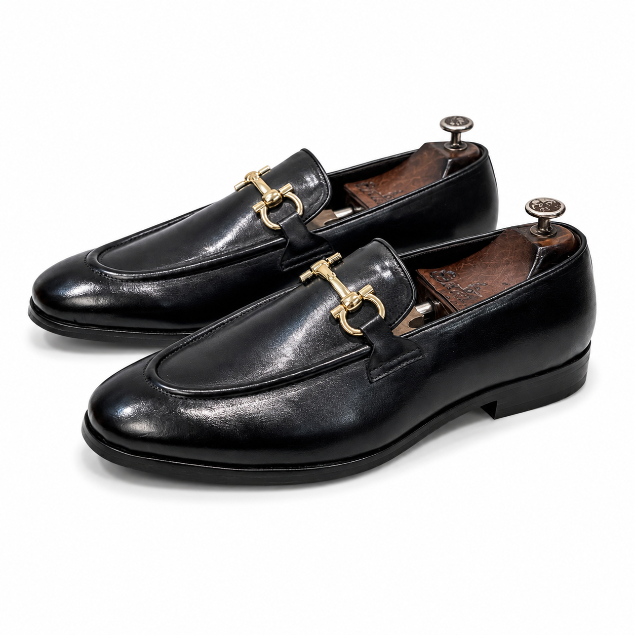 Noir Gold Horsebit Leather Loafers