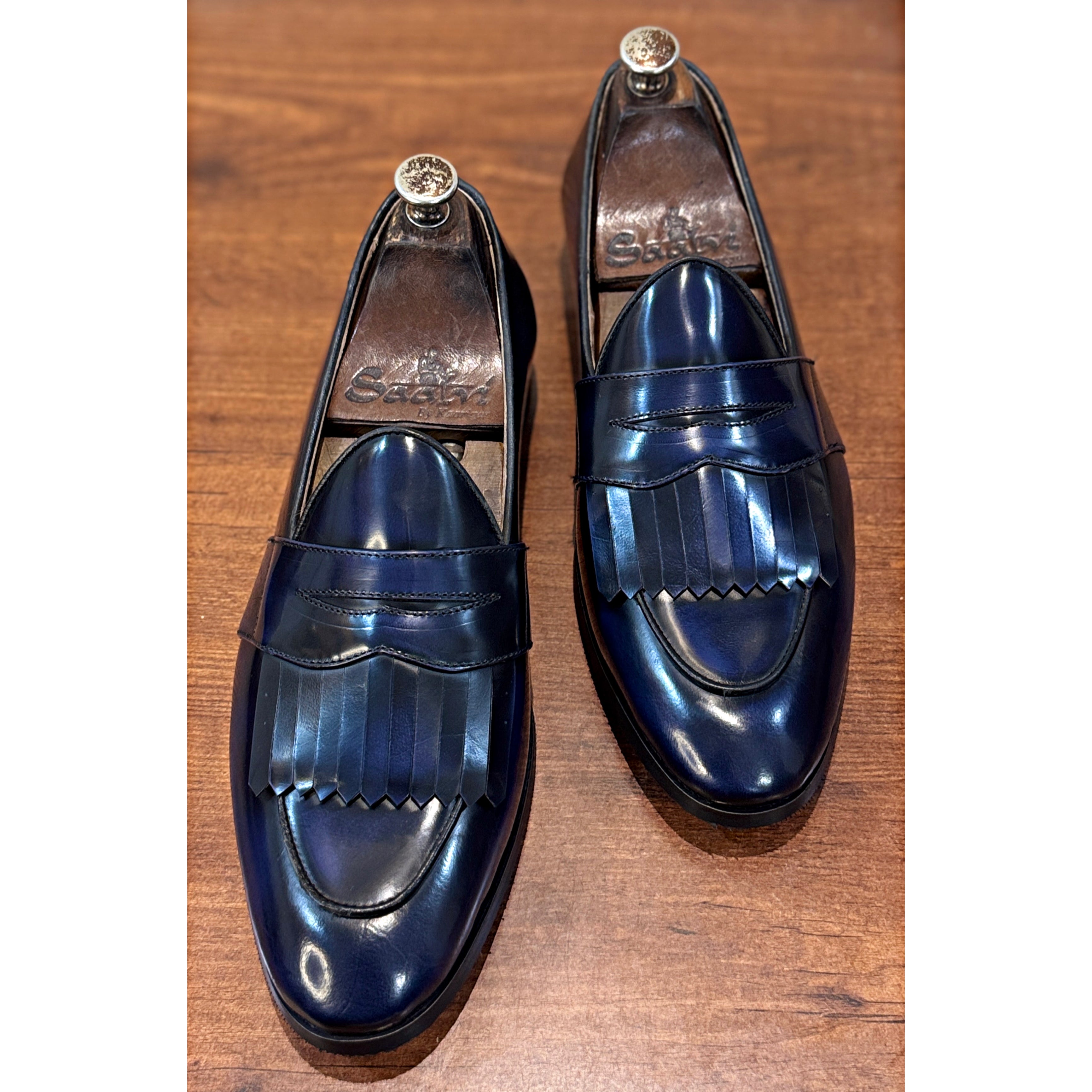 Blue Belgian Loafers for Men – Leather Fringe Slip-On Formal Shoes