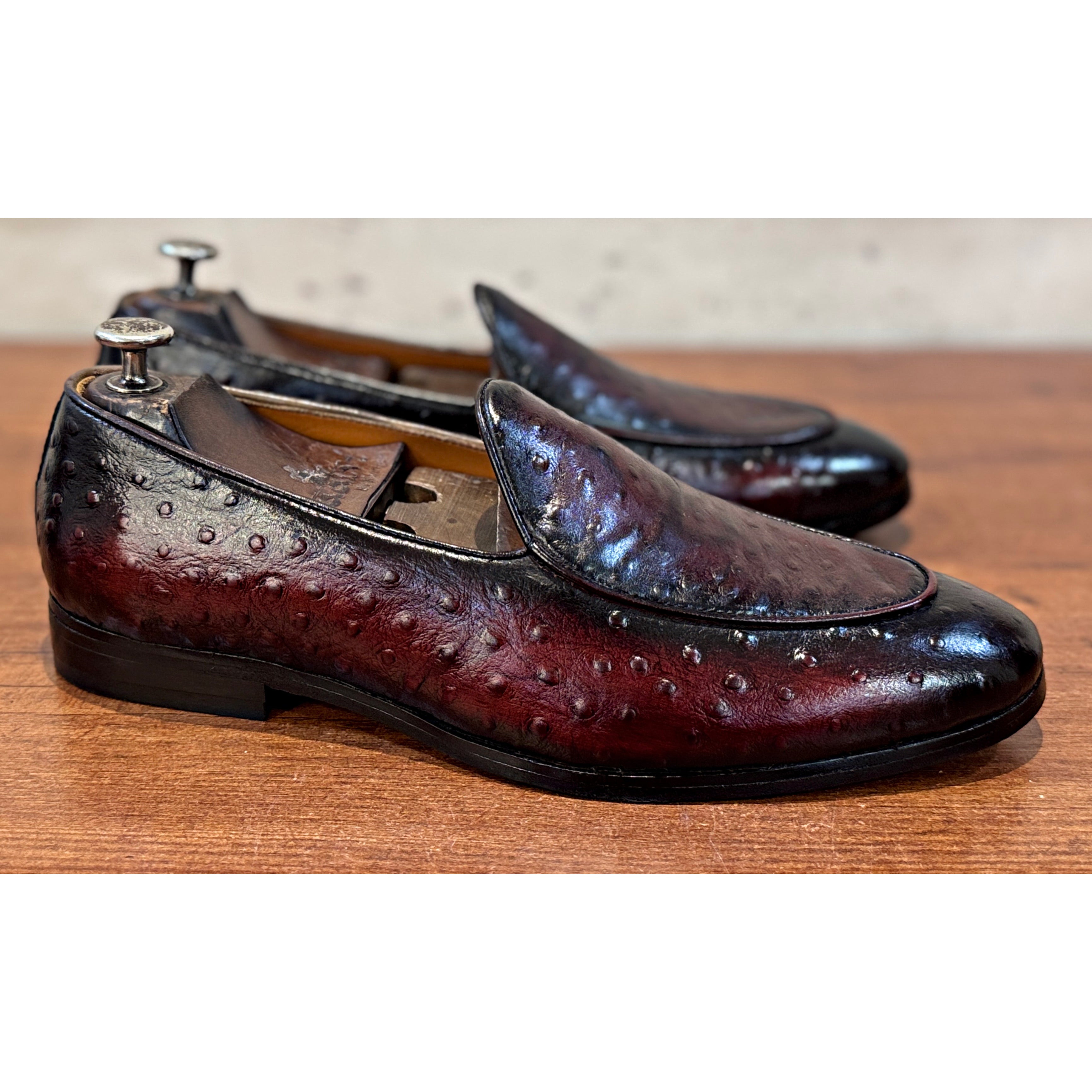 The Crimson Ostrich Loafer – Burgundy Exotic Leather Slip-On Shoes