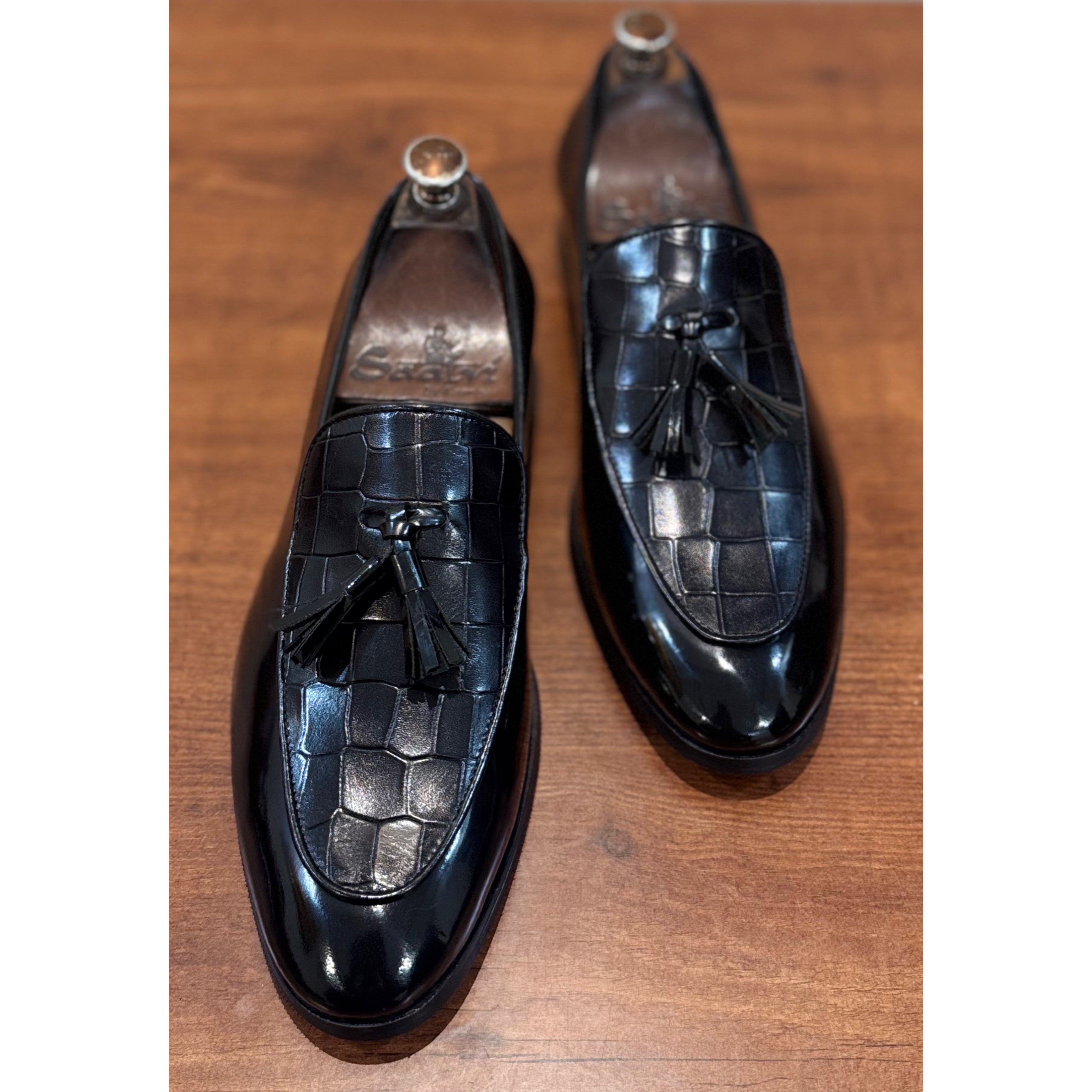 Black Patent Loafers Croco With Tassels