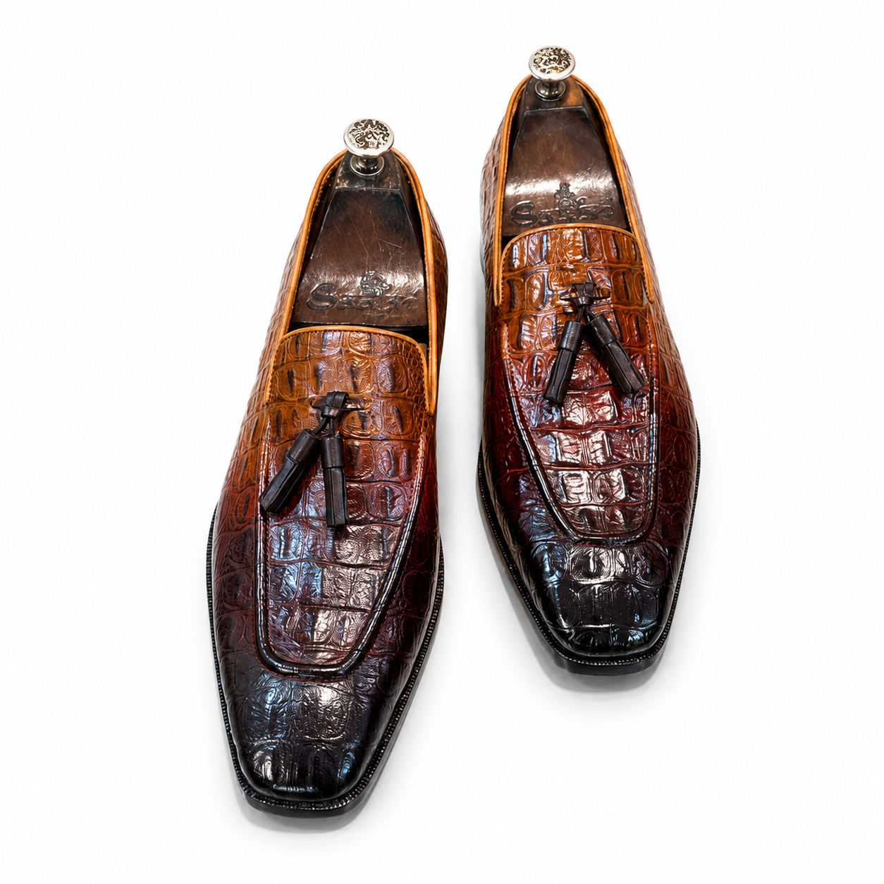 Cognac & Espresso Crocodile Embossed Leather Tassel Loafers