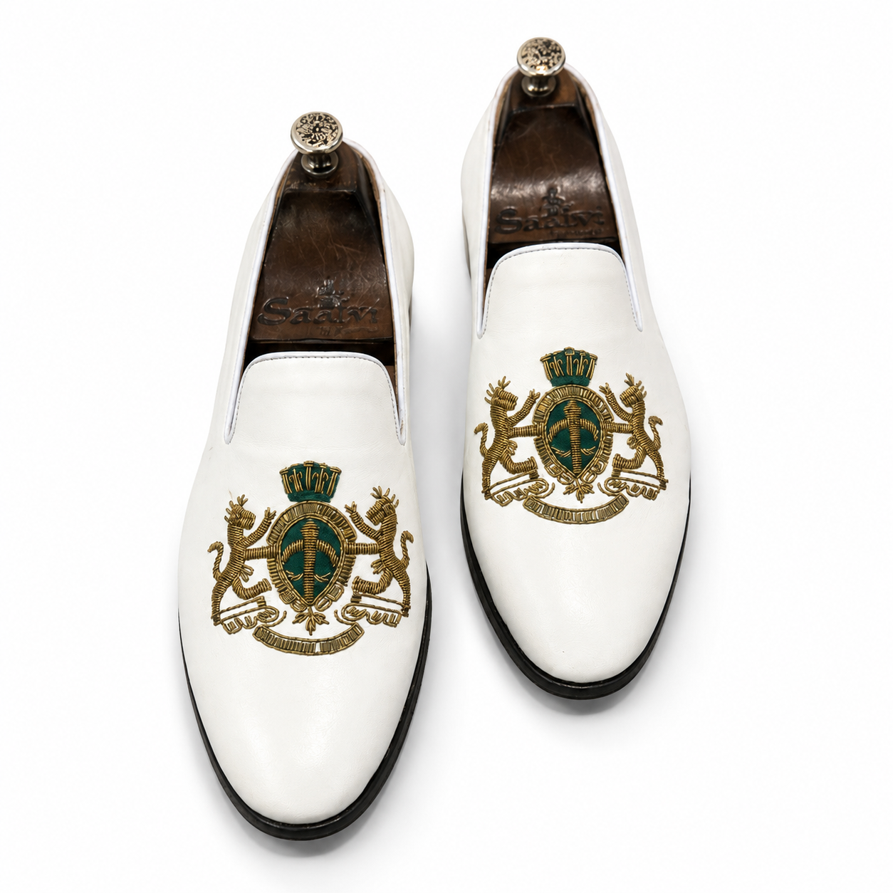 Royal White Green & Gold Hand-Embroidered Leather Slipons