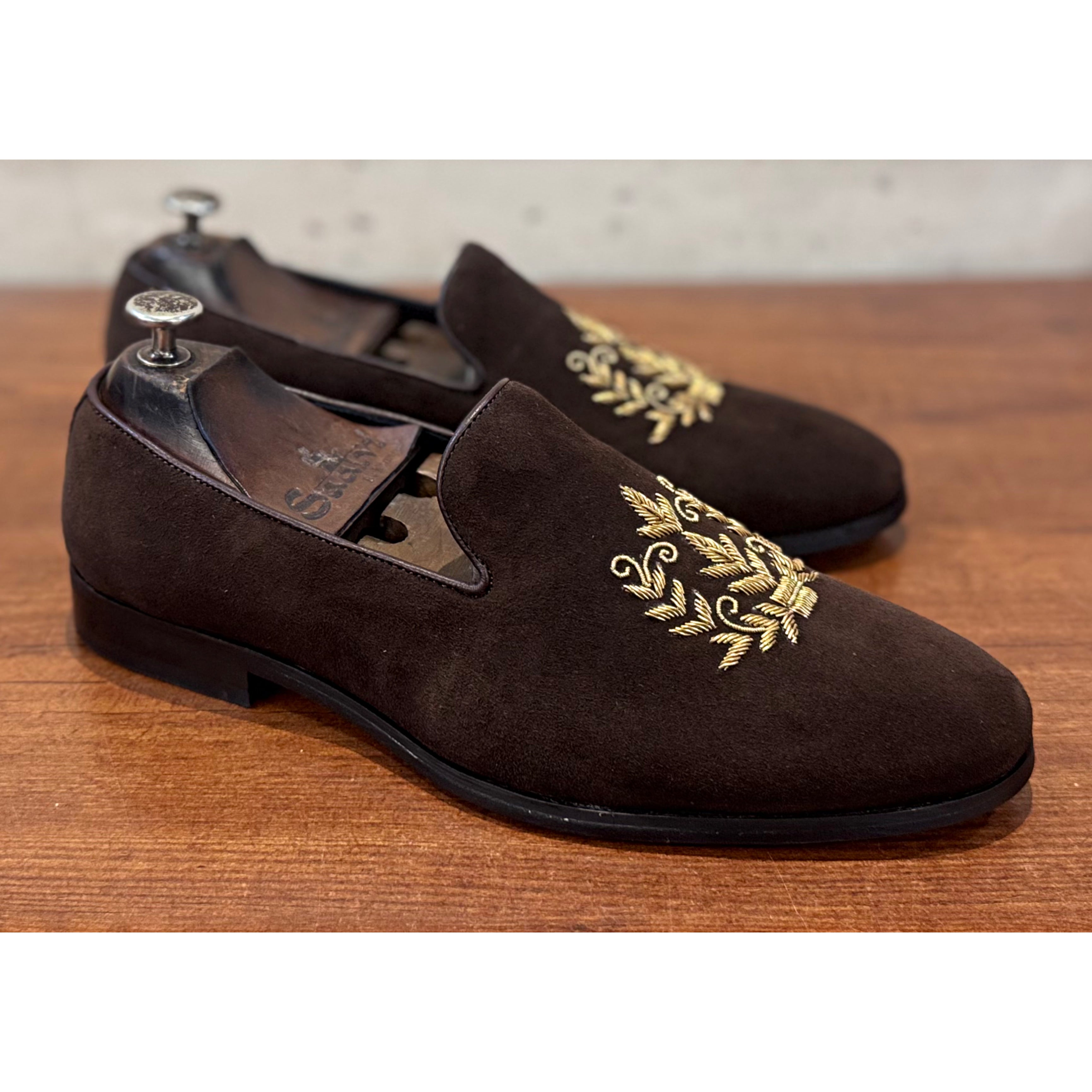 Brown Suede Leaf Embroidery Slipons