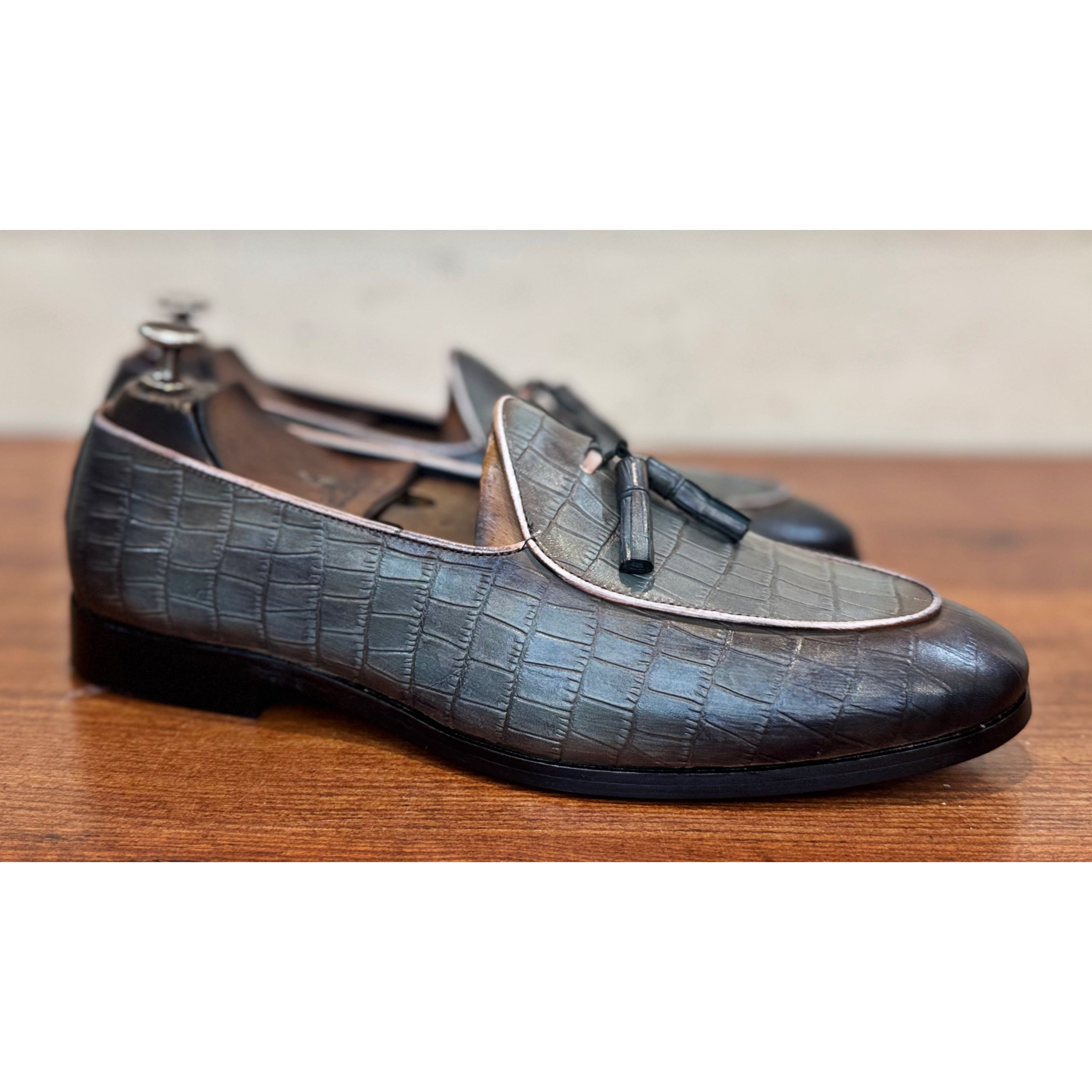 Belgian Loafers Grey Croco with Tassels