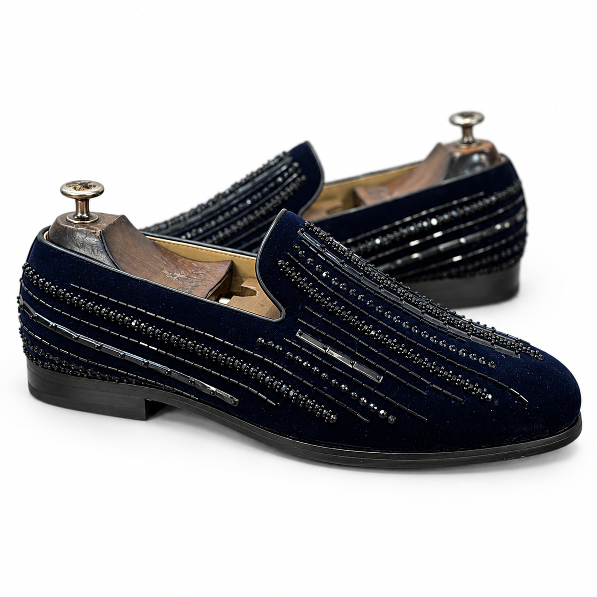 Barone Coal Navy Embroidered Velvet Loafers