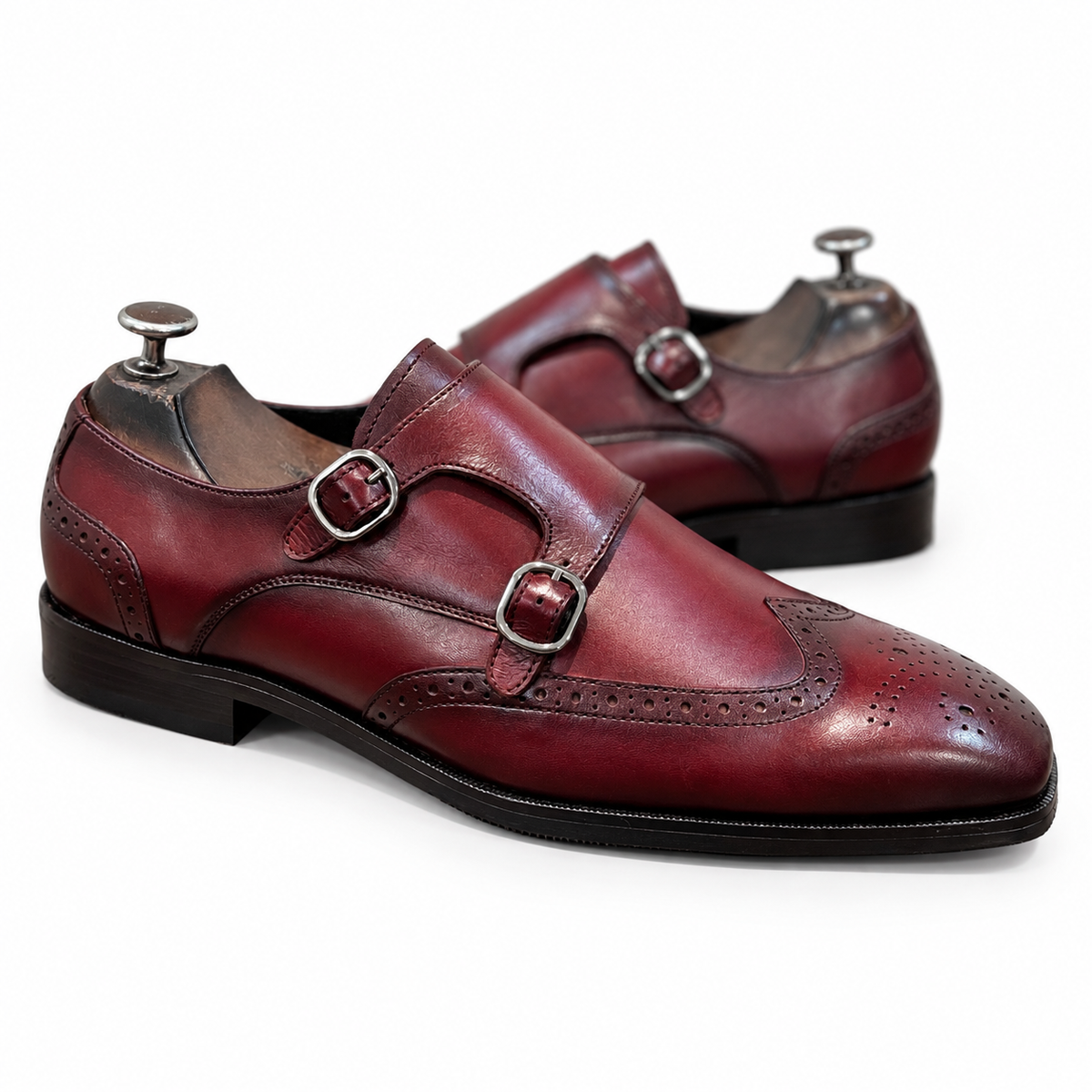 Bordeaux Royale Hand-Patina Double Monk Brogue Shoes