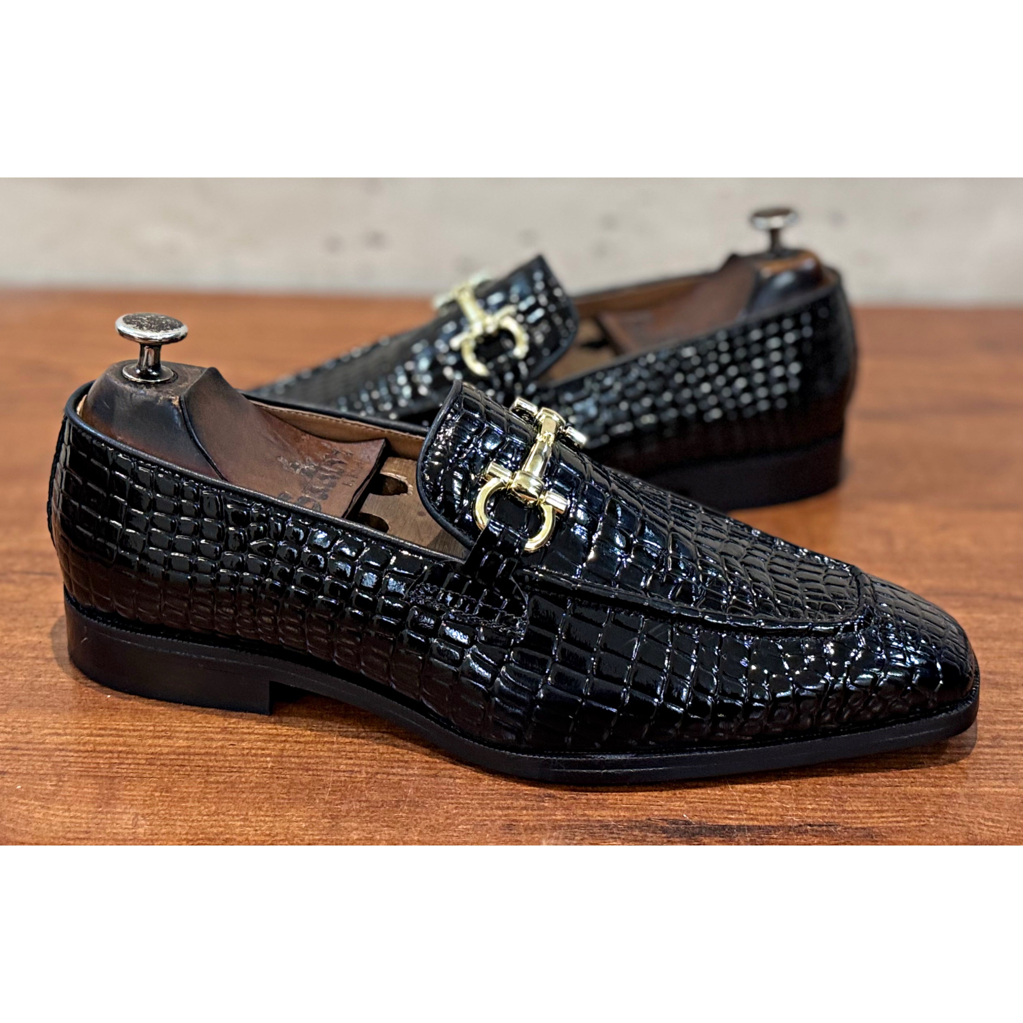 Black Croco Patent Loafers Golden Buckle