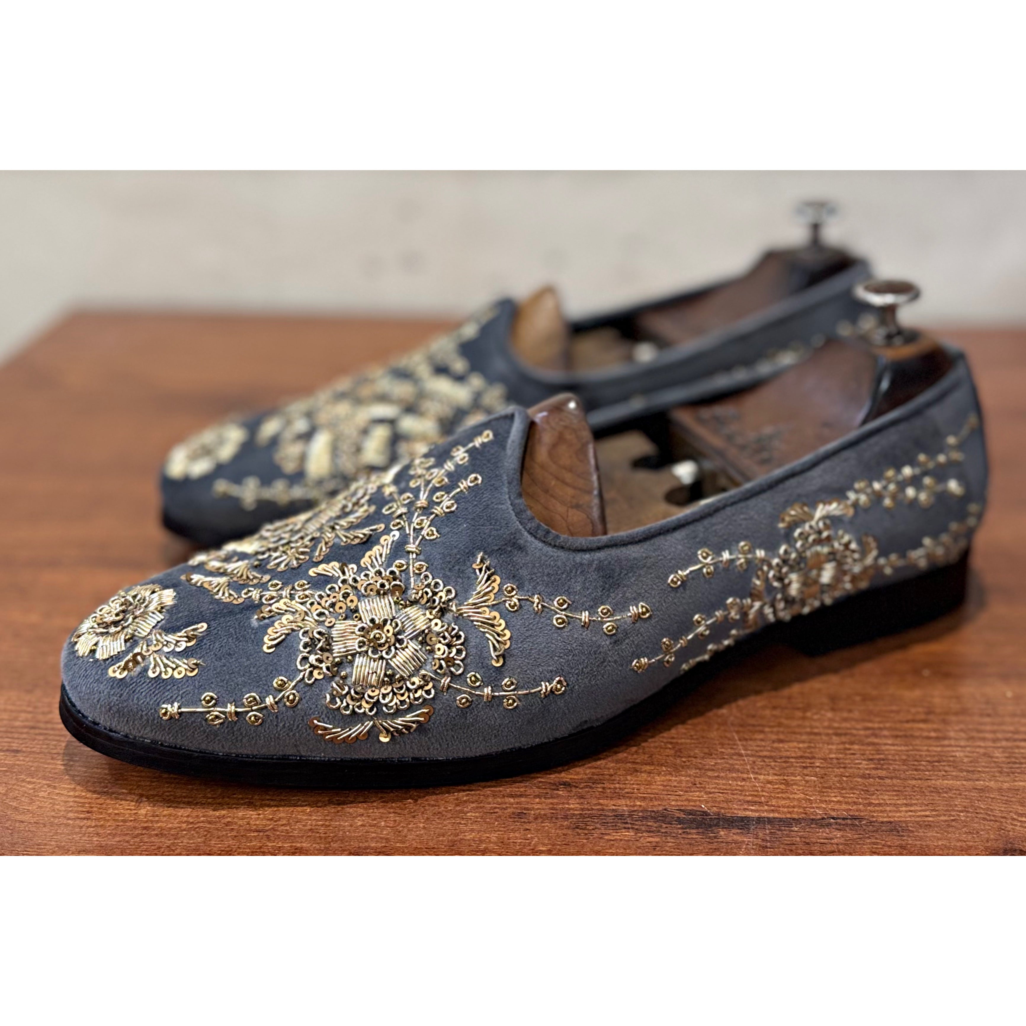 Grey Velvet Gold Zardosi Embroidery Jalsa