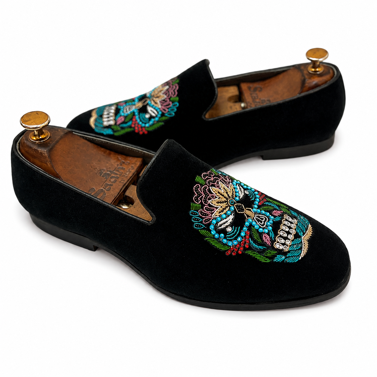Noir Calavera Zardosi Velvet Slip-Ons