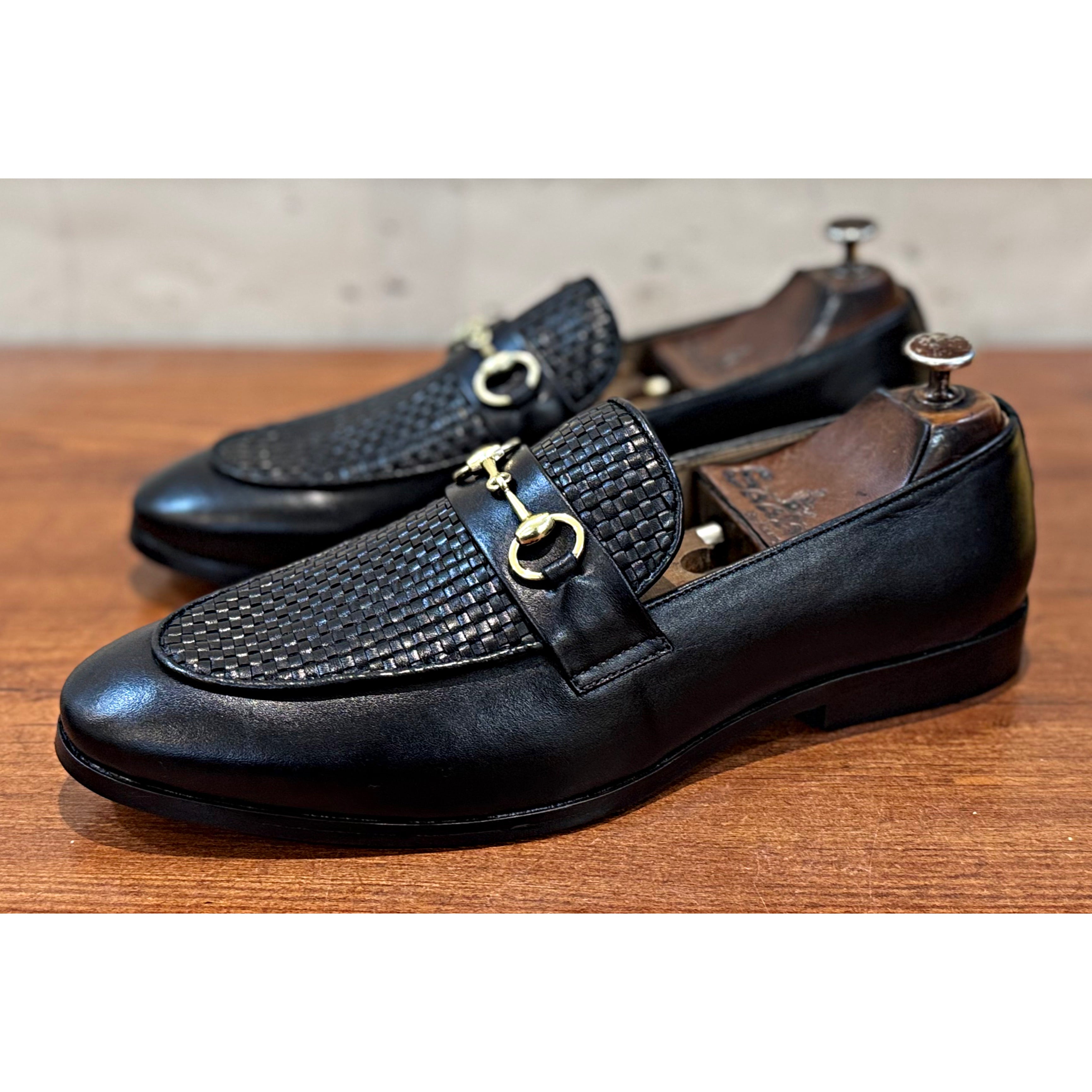 Black Horsebit Loafers With Weave Leather