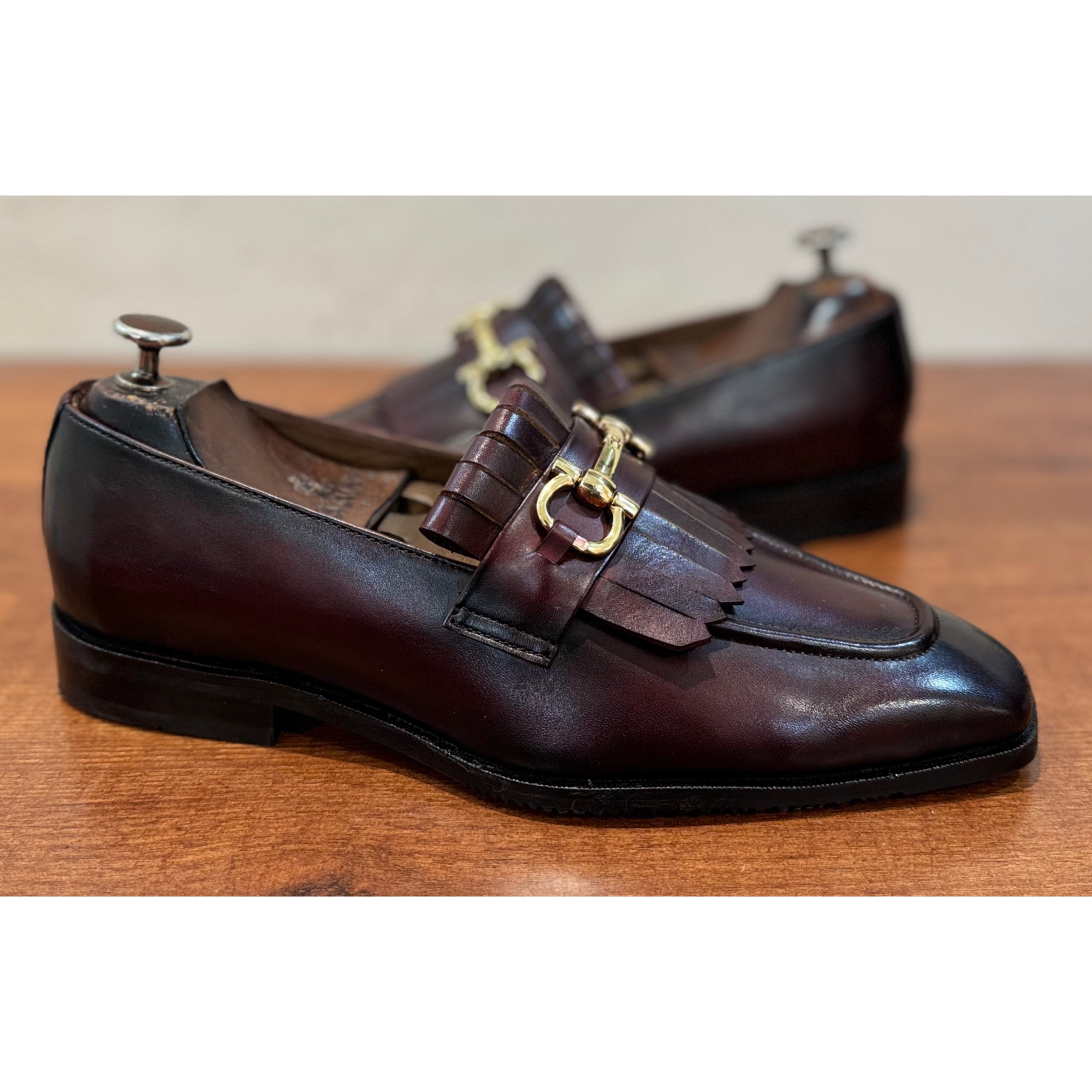 Brown Fringe Loafers With Metal Trim