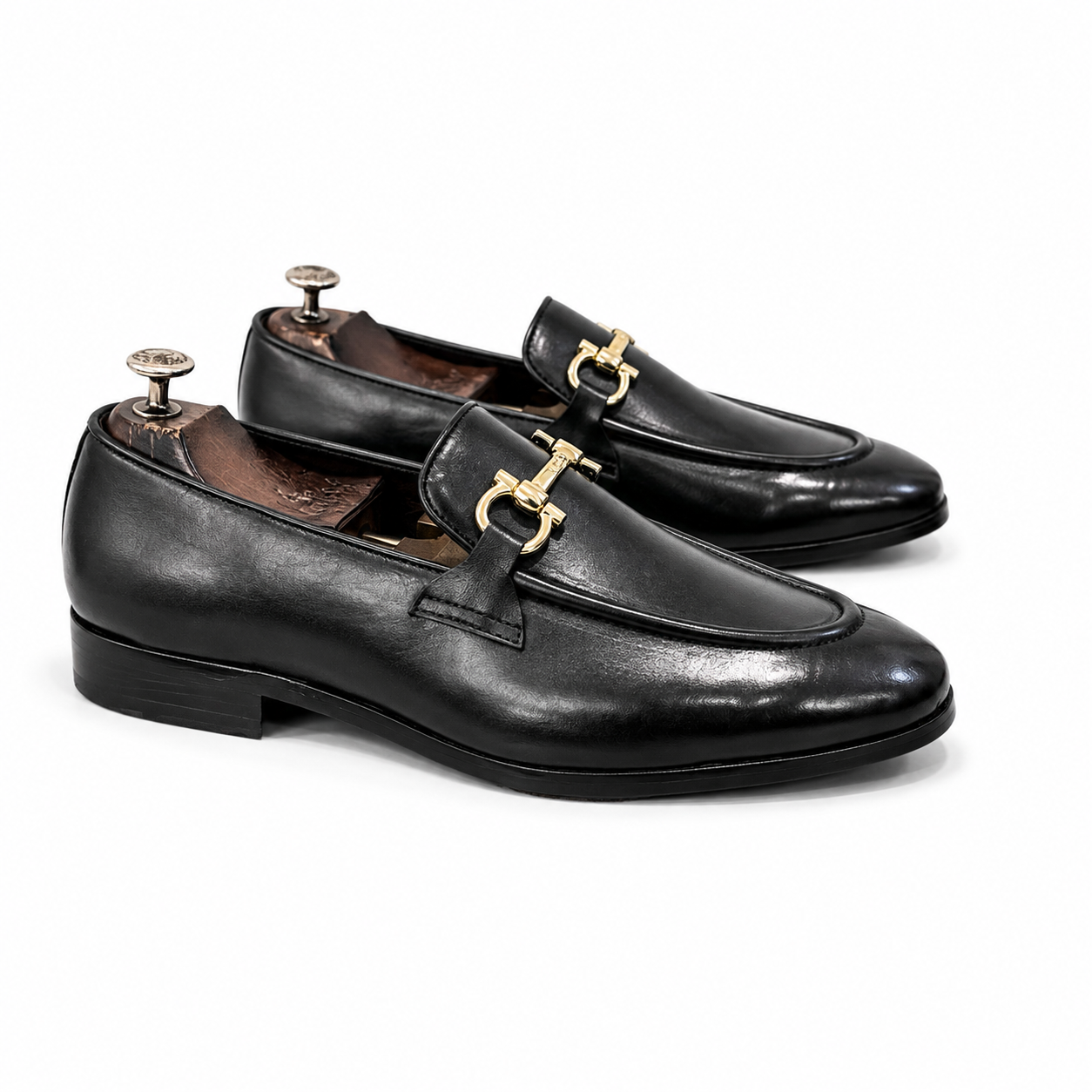 Noir Gold Horsebit Leather Loafers