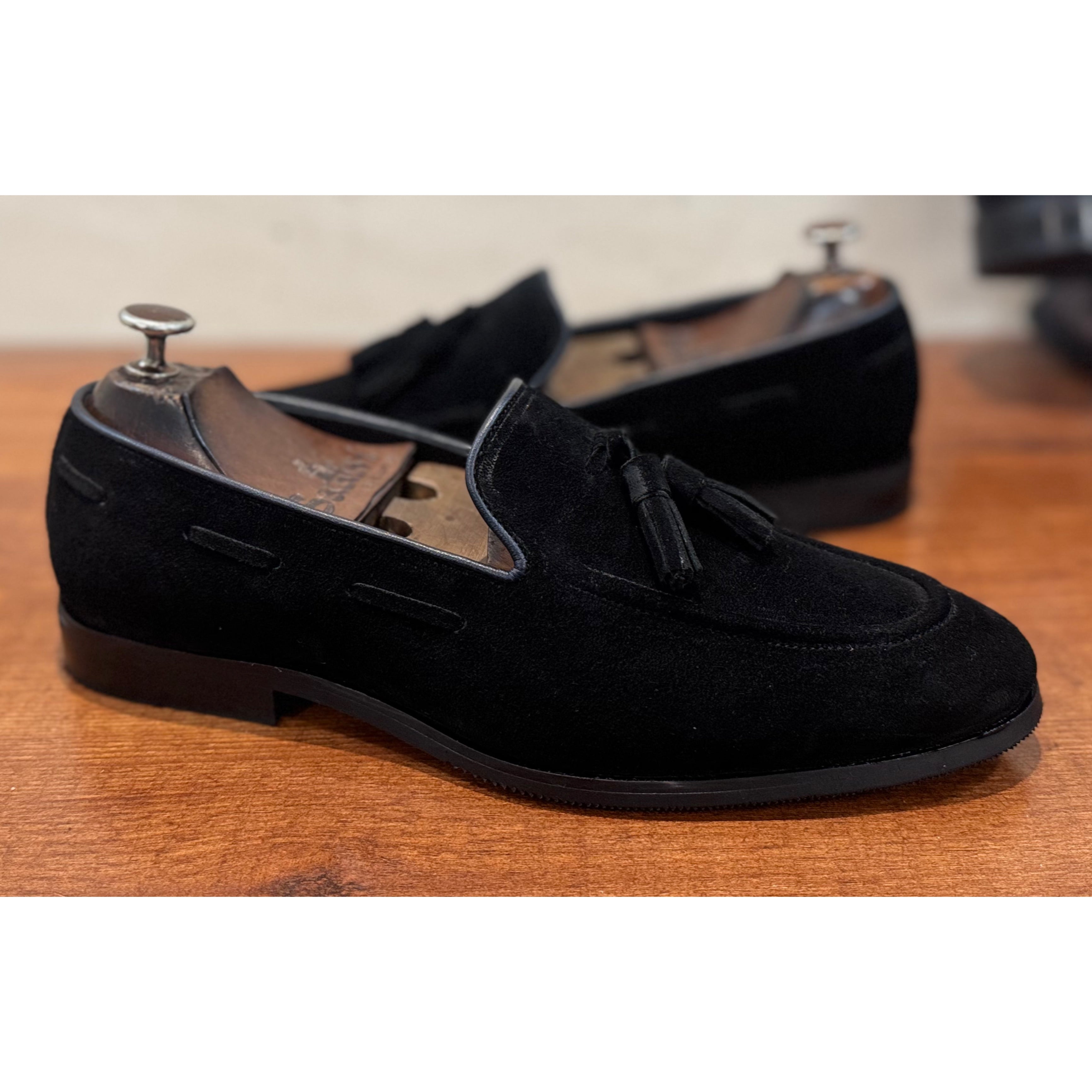 Black Suede Loafers With Tassels