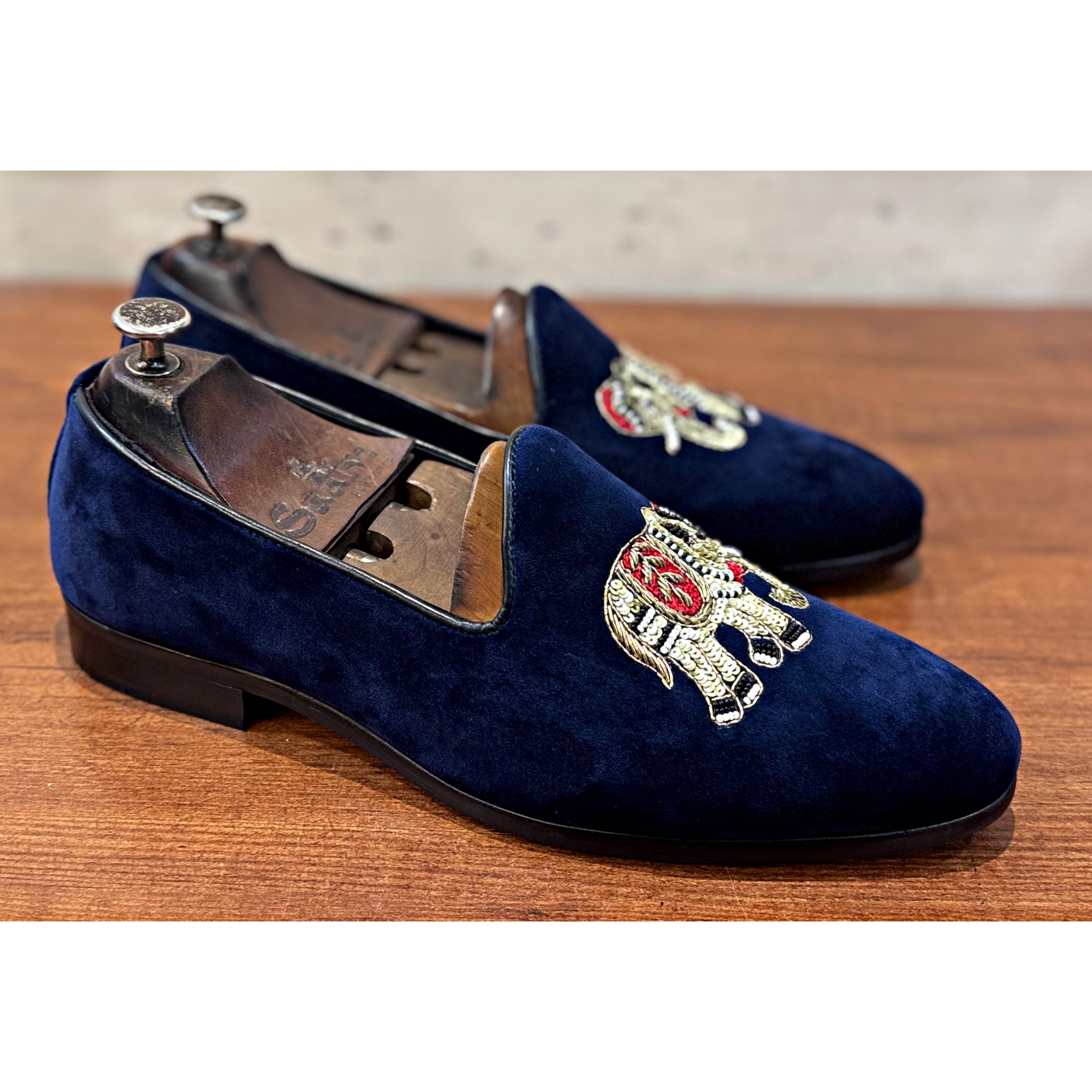 Blue Elephant Embroidery Slipons