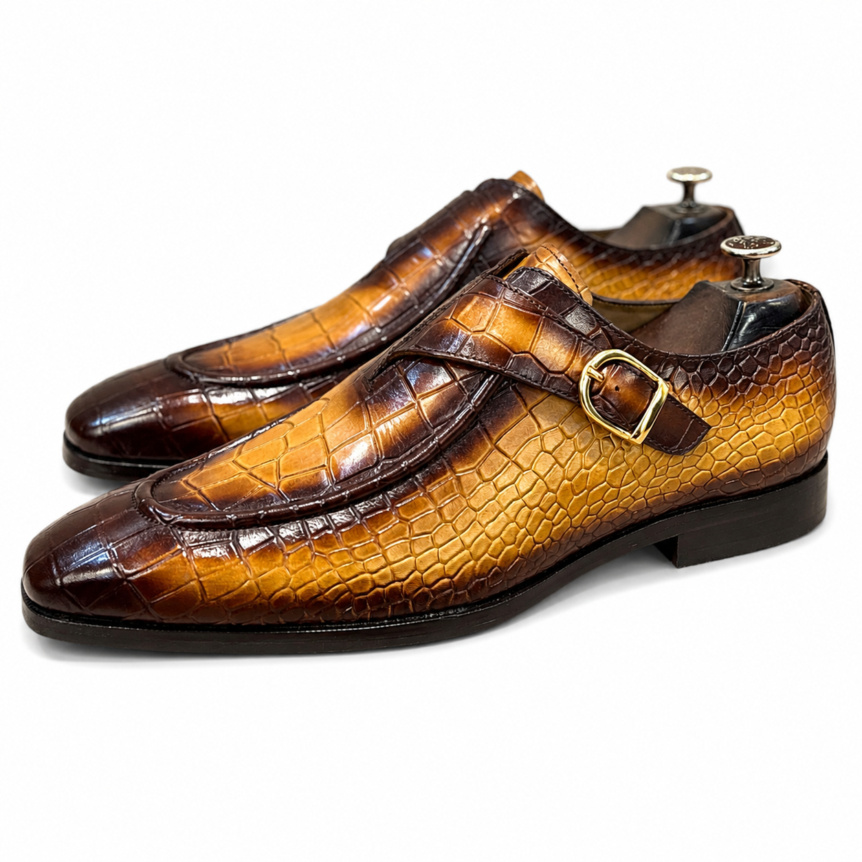 British Pointed Toe Single Monk – Burnished Bronze Croc