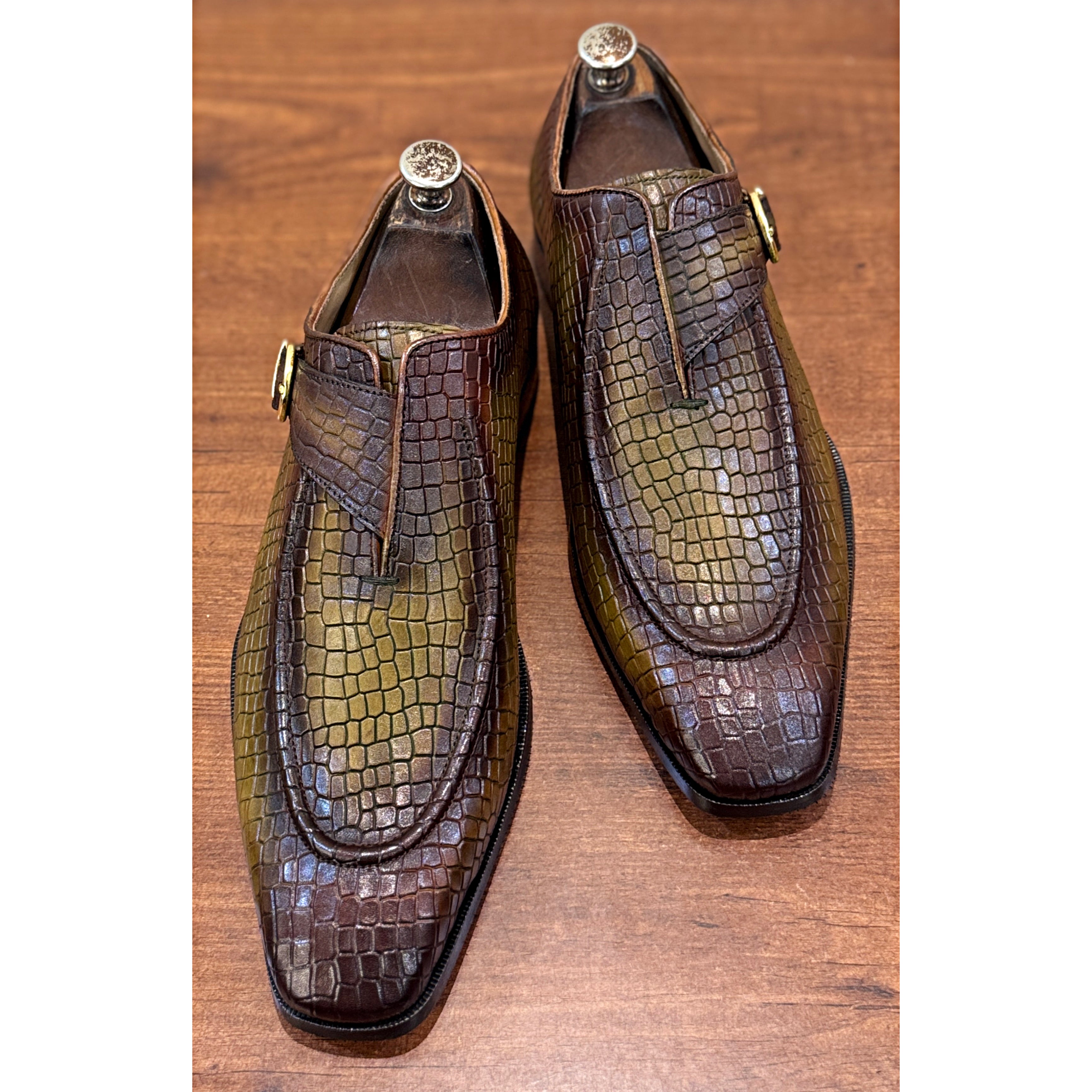 The Croco Monarch Monk – Olive Brown Croc Texture Monk Strap Shoes