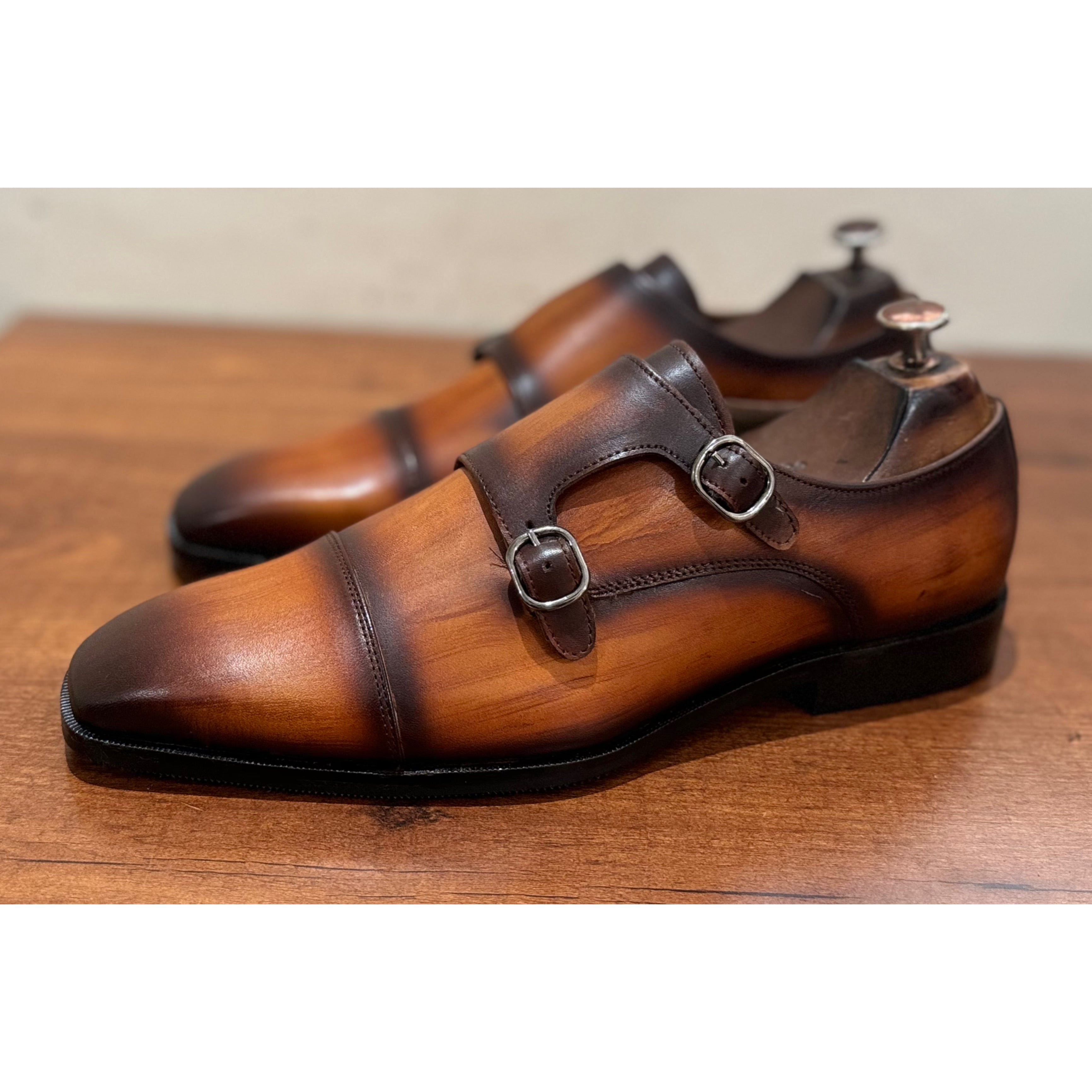 Tan Leather Double Monk Strap Hand Finished