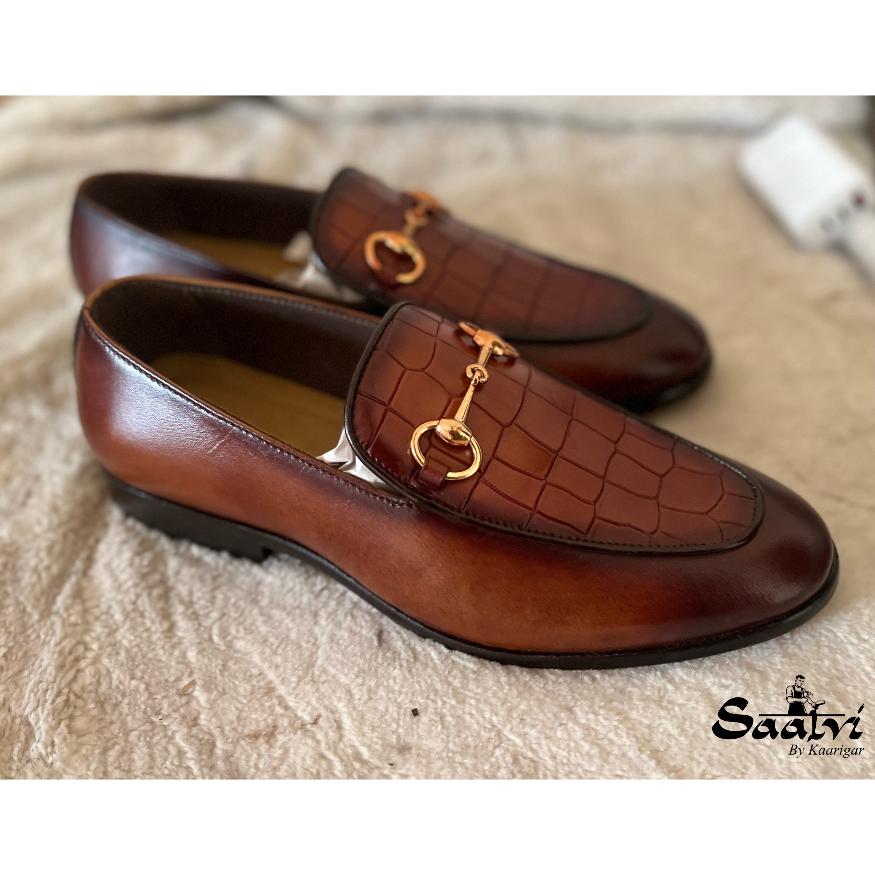 Tan Croco Horsebit Loafers