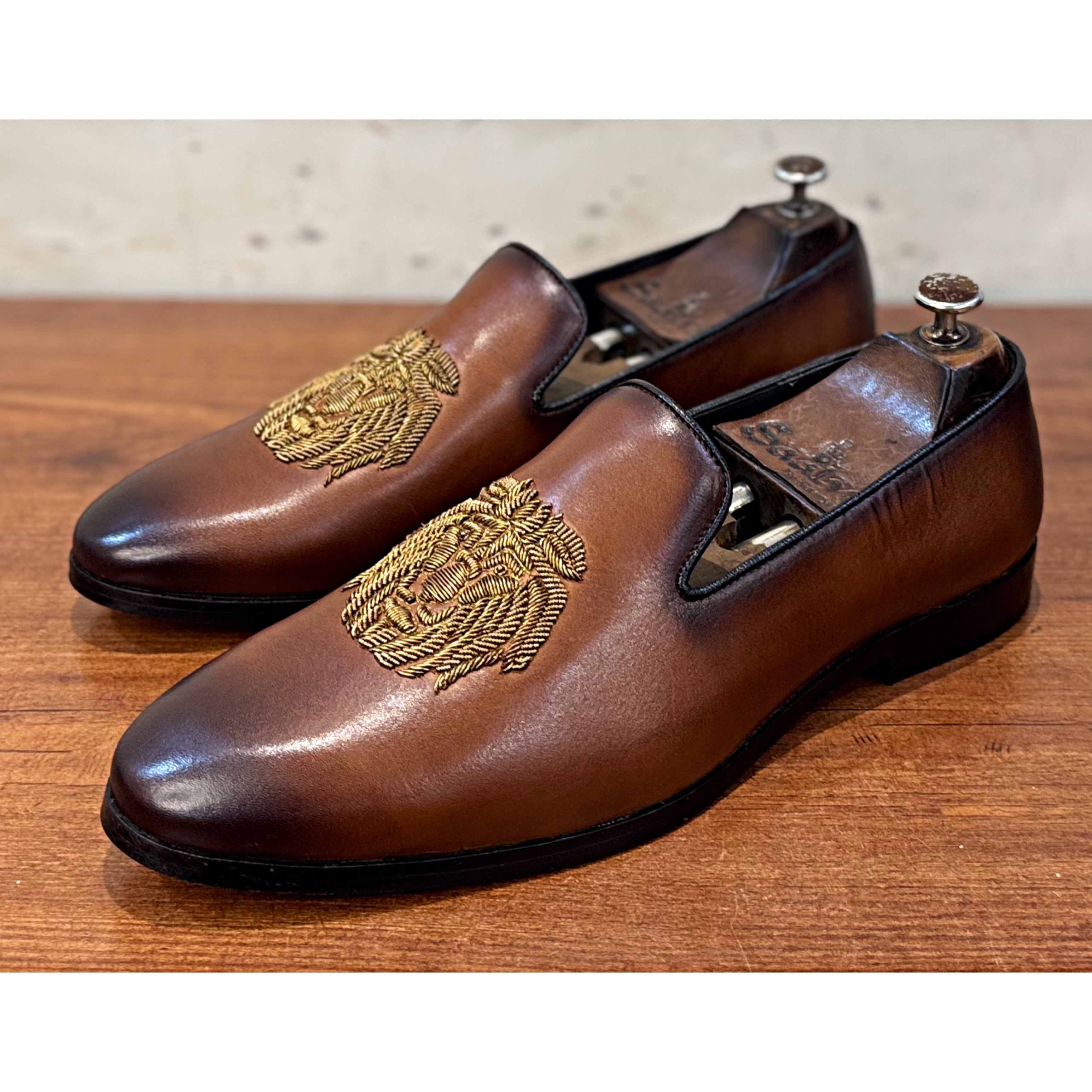 Tan Brown Lion Zardosi Slipons