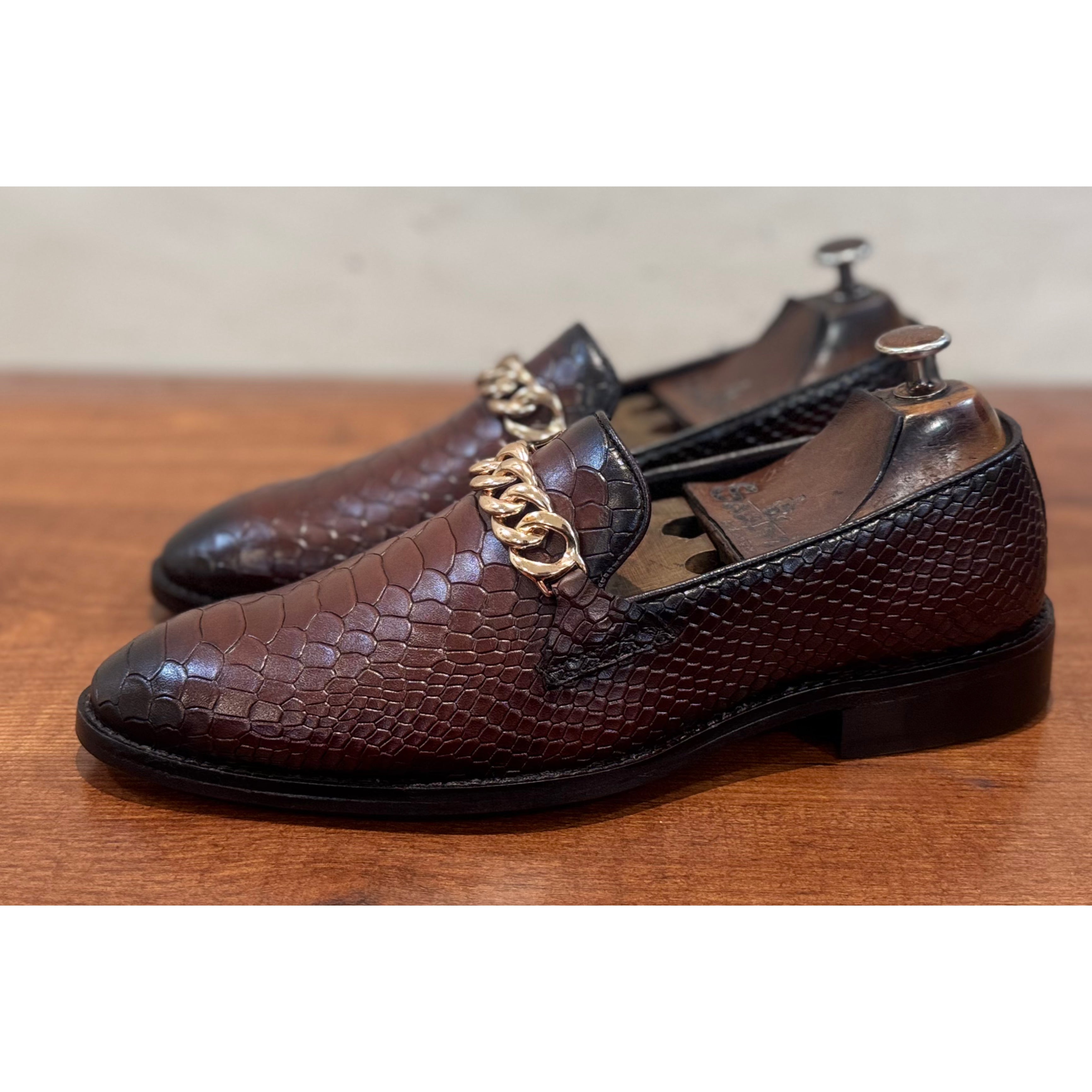 Python Embossed Loafers With Chain