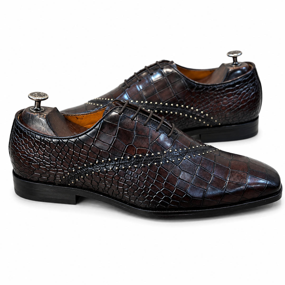 Men’s Luxury Croc-Embossed Leather Oxford Shoes – Handcrafted Dark Brown Formal Dress Shoes