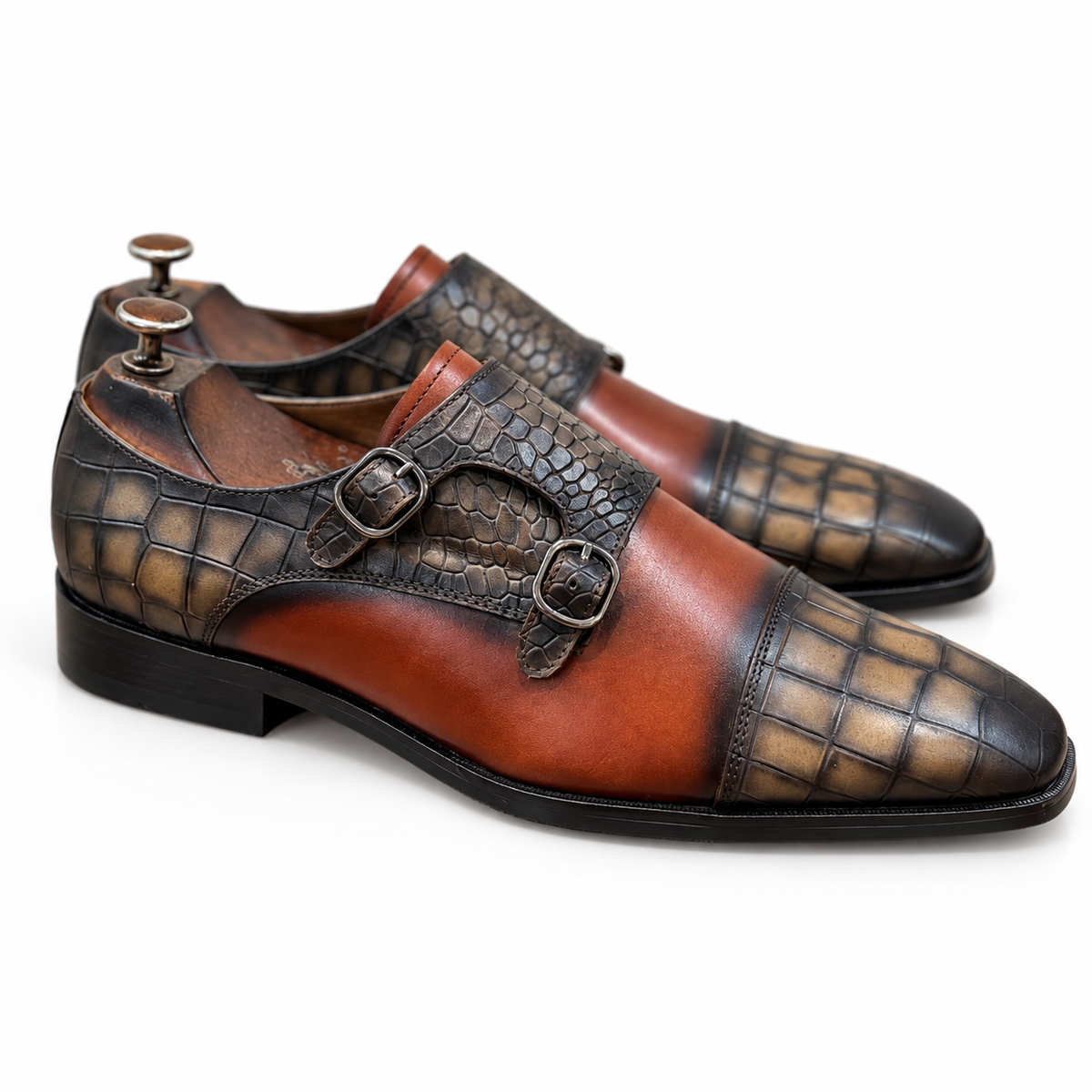 Vantoro – Cognac Brown & Charcoal Double Monk Strap