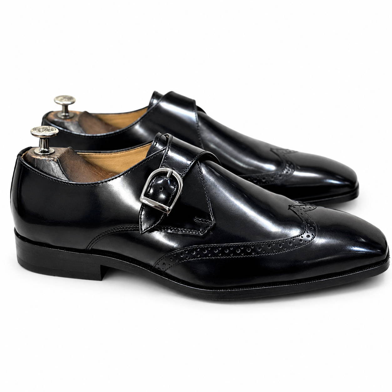 Black Patent Leather Monk Strap Shoes – Luxury Single Buckle Formal Dress Shoes