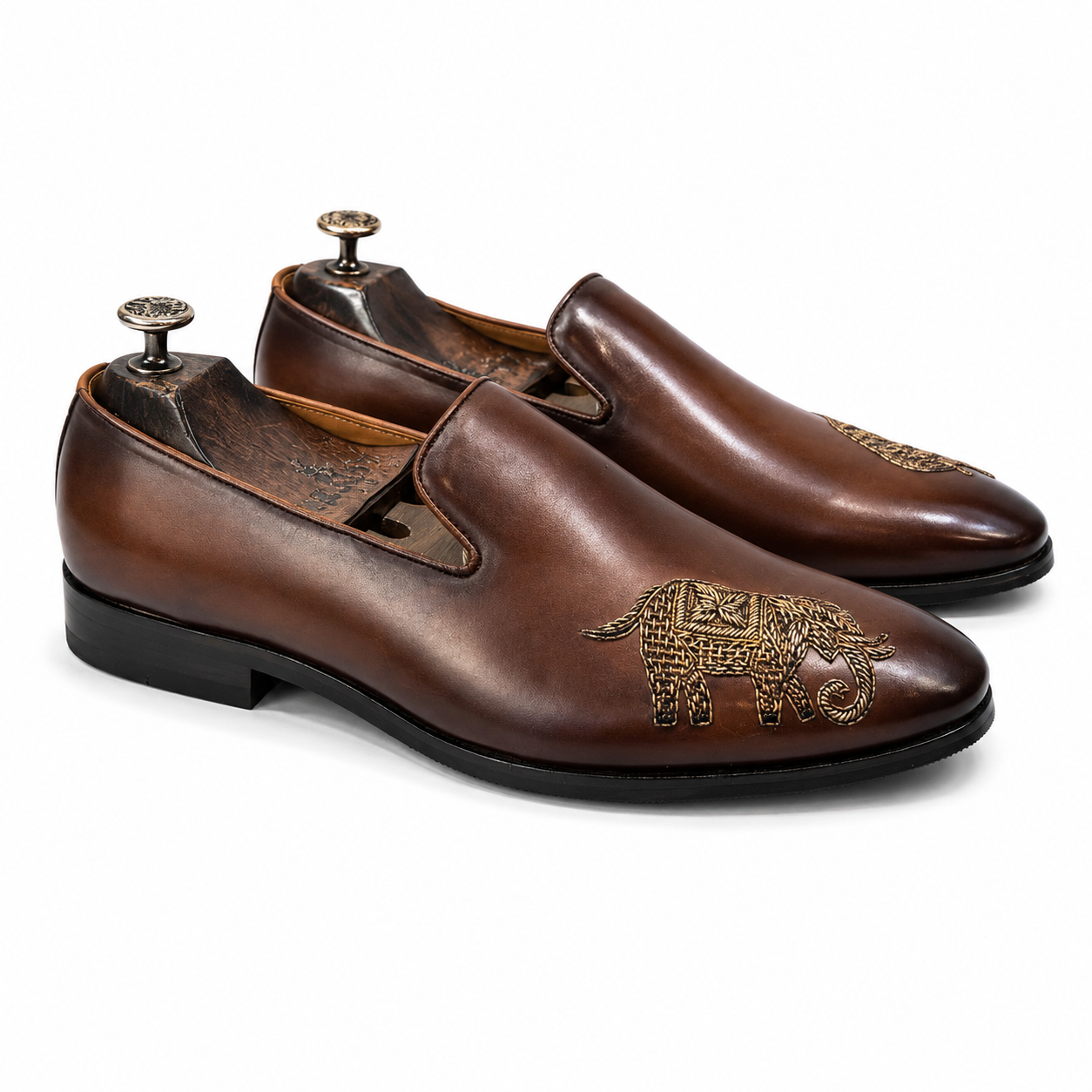 Brown Elephant Embroidered Leather Loafers