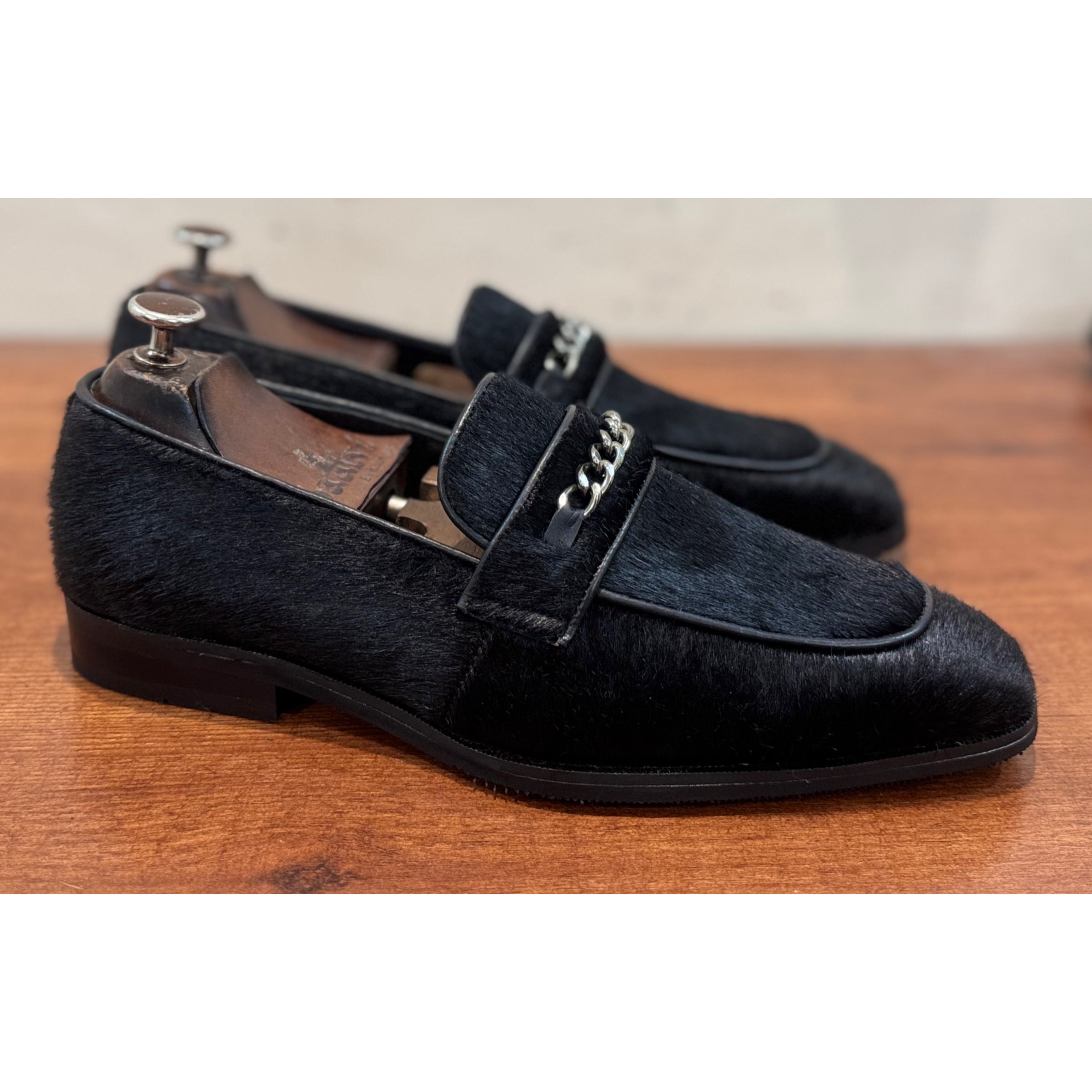Black Hairon Loafers With Chain