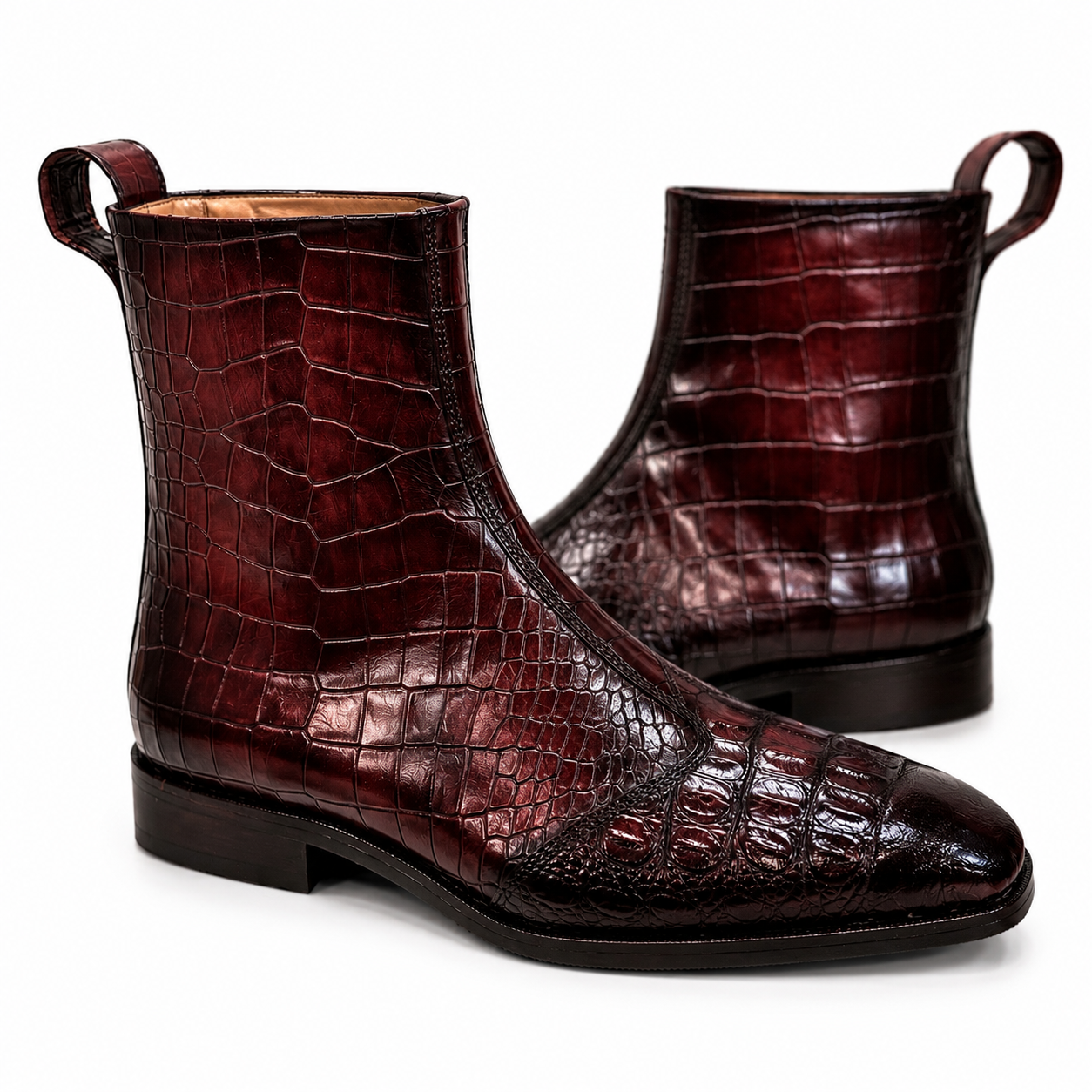 Burgundy Burnished Croc-Embossed Leather Chelsea Boots