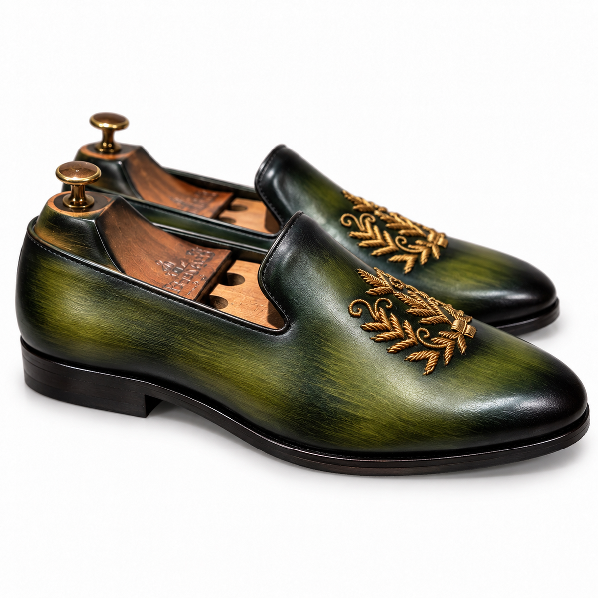 Saalvi Aurelian Forest Green Handcrafted Leather Zardosi Loafers