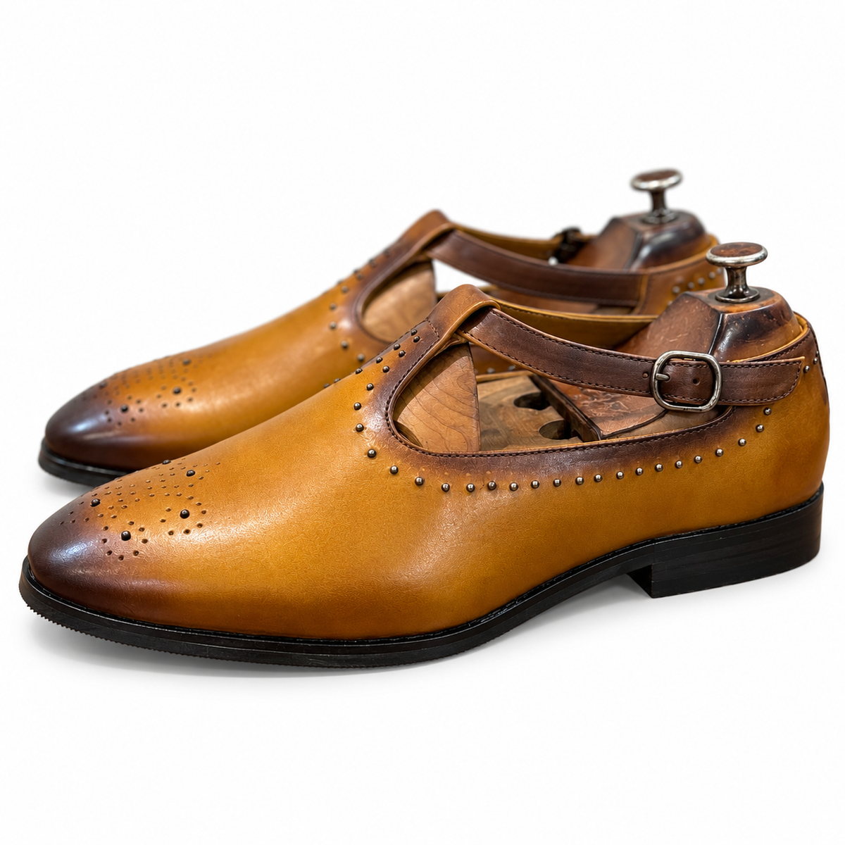 Cognac Studded T-Bar Sandals