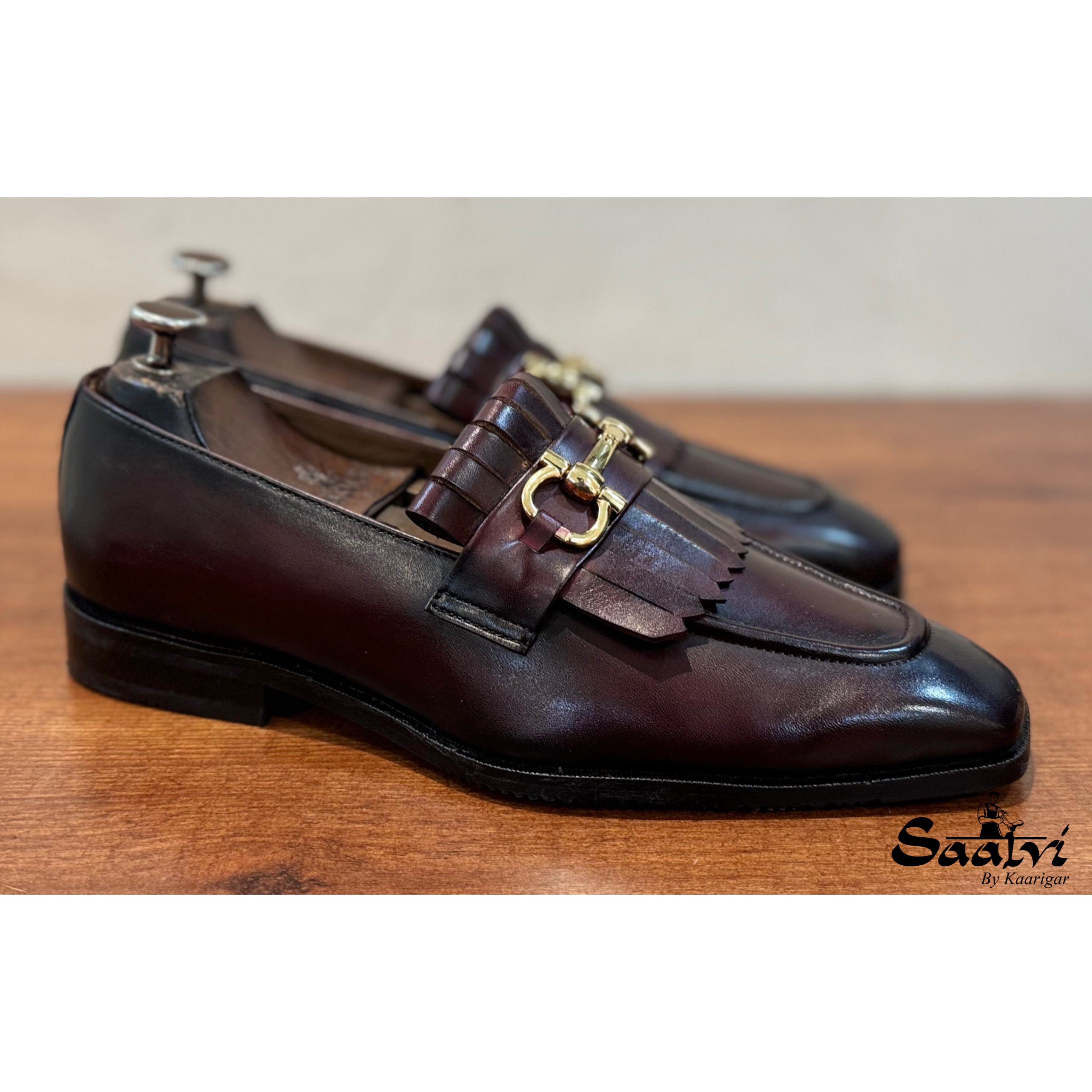 Brown Fringe Loafers With Metal Trim