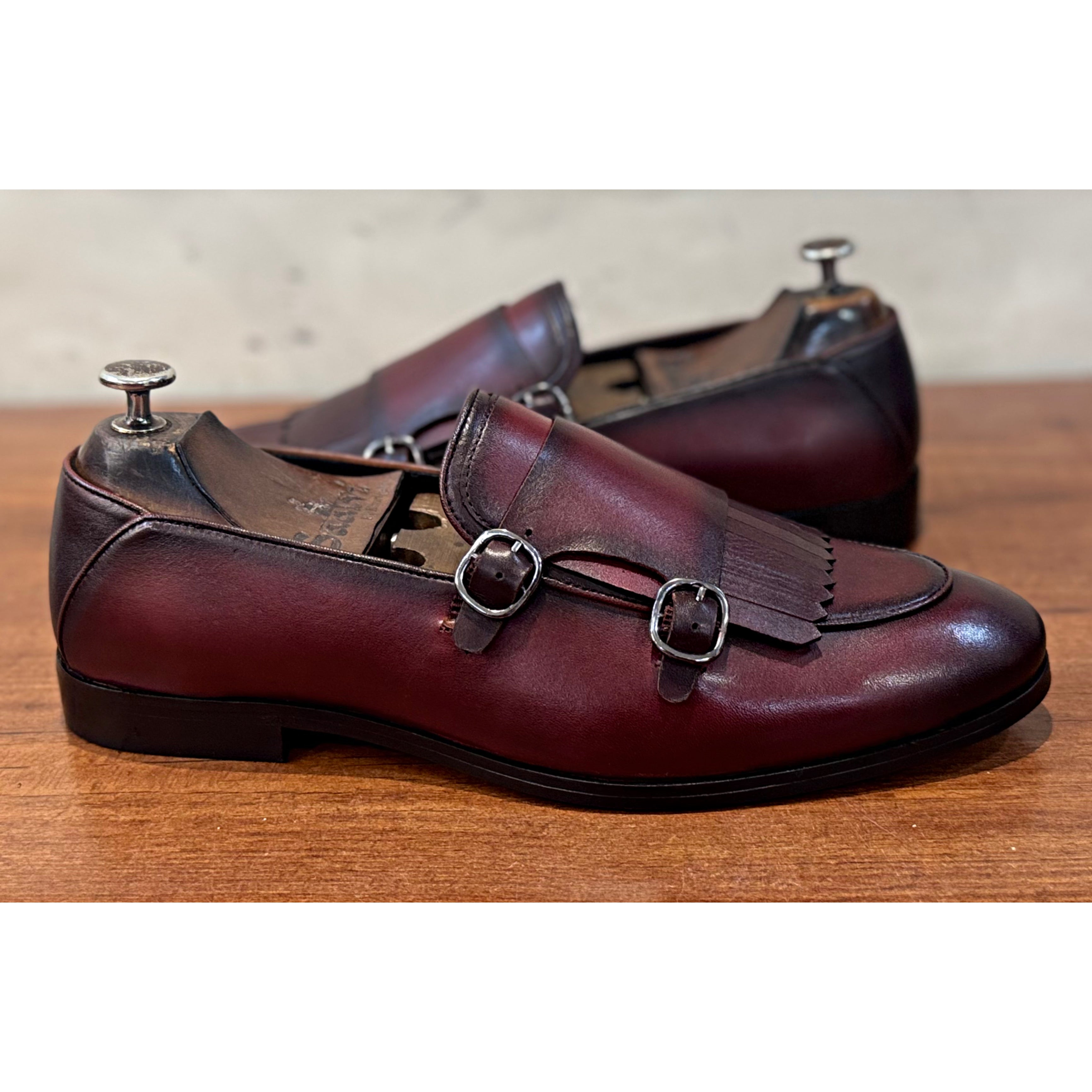 Brown Double Monk Strap Loafers With Fringes