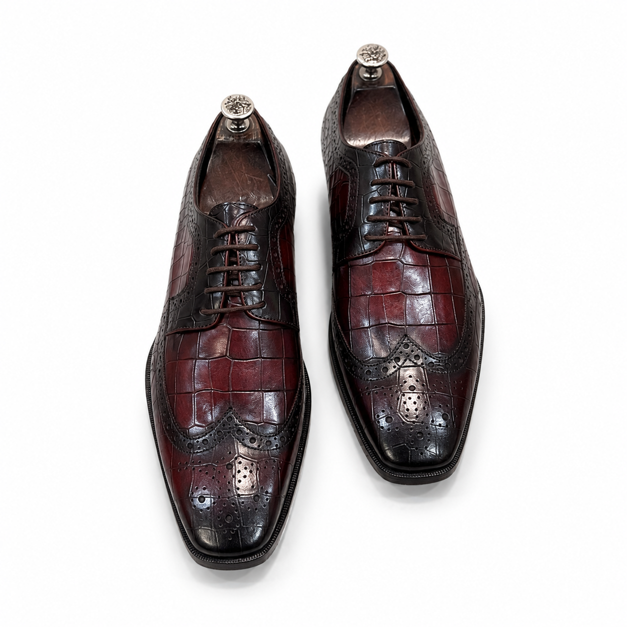 Royal Burgundy & Black Croc-Embossed Wingtip Brogue Shoes