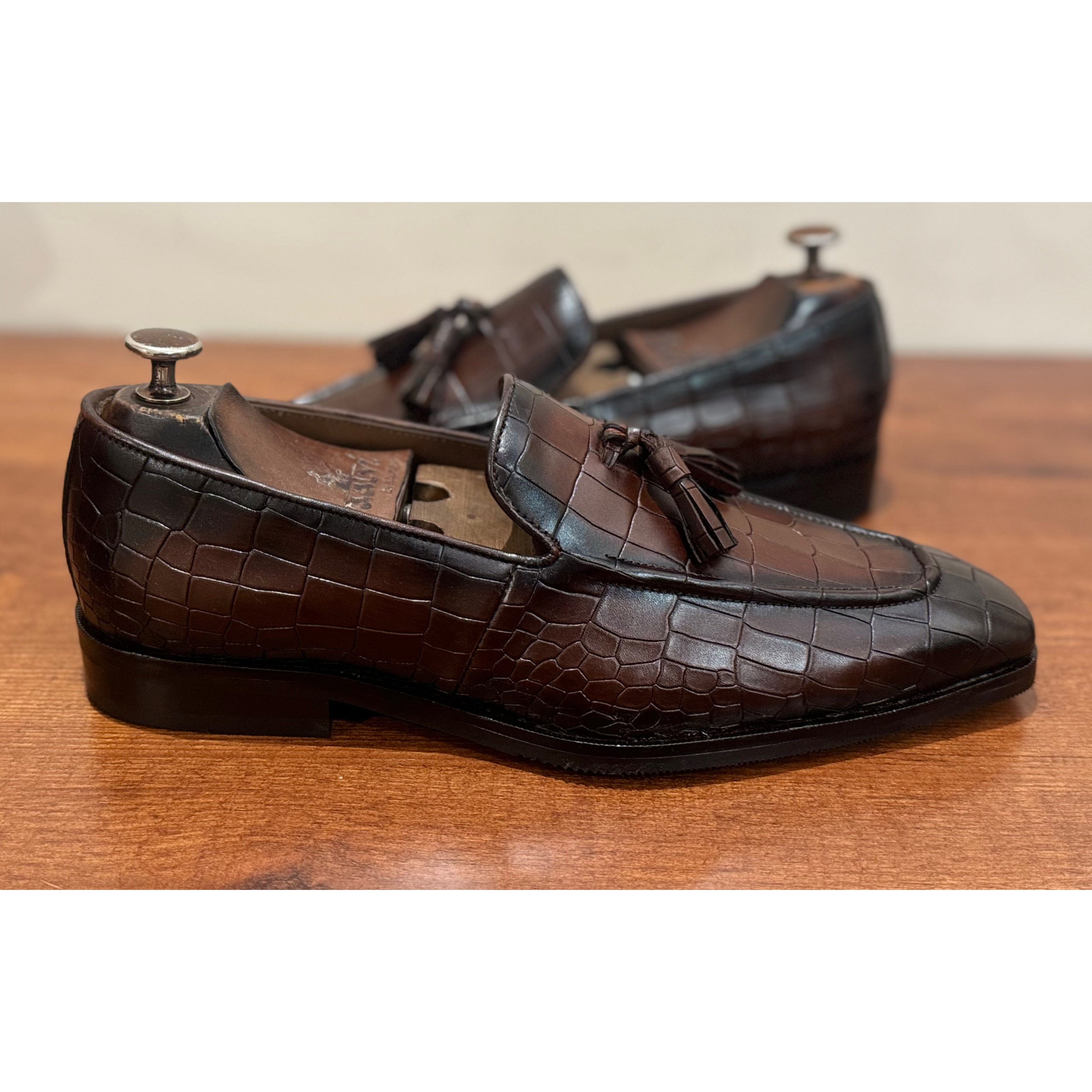 Croco Tassel Loafers Brown