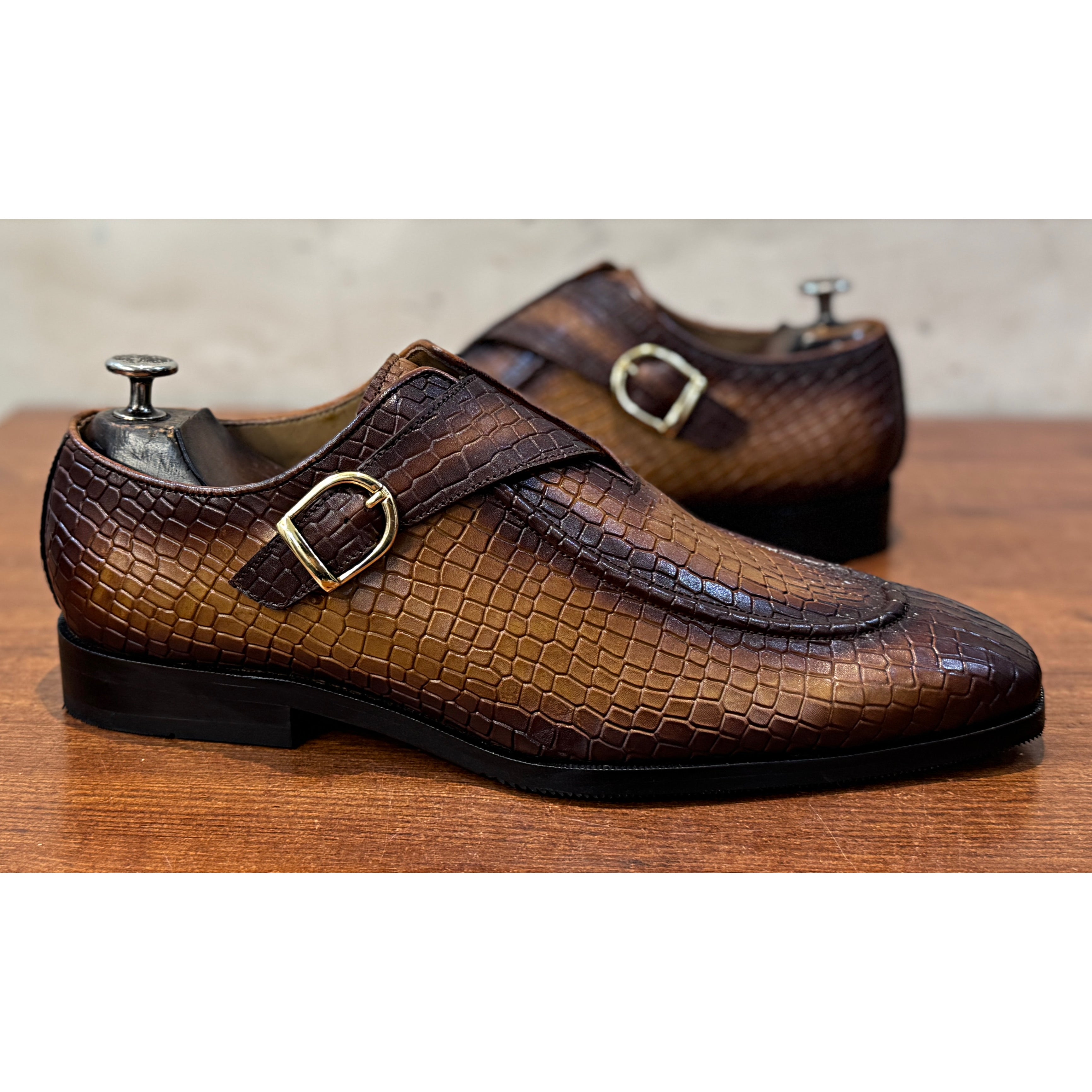 Monaco Croc Monk Strap Shoes Tan