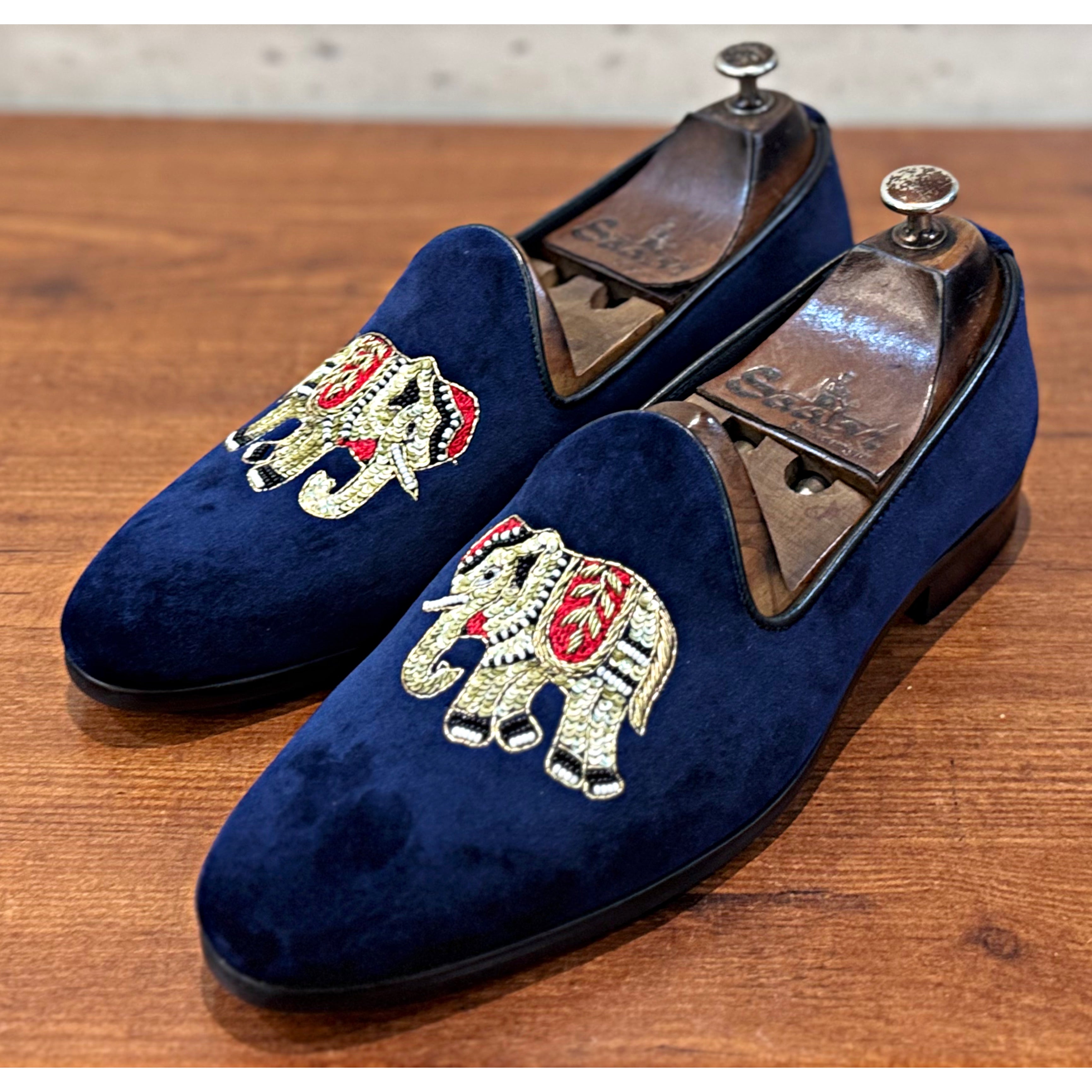 Blue Elephant Embroidery Slipons