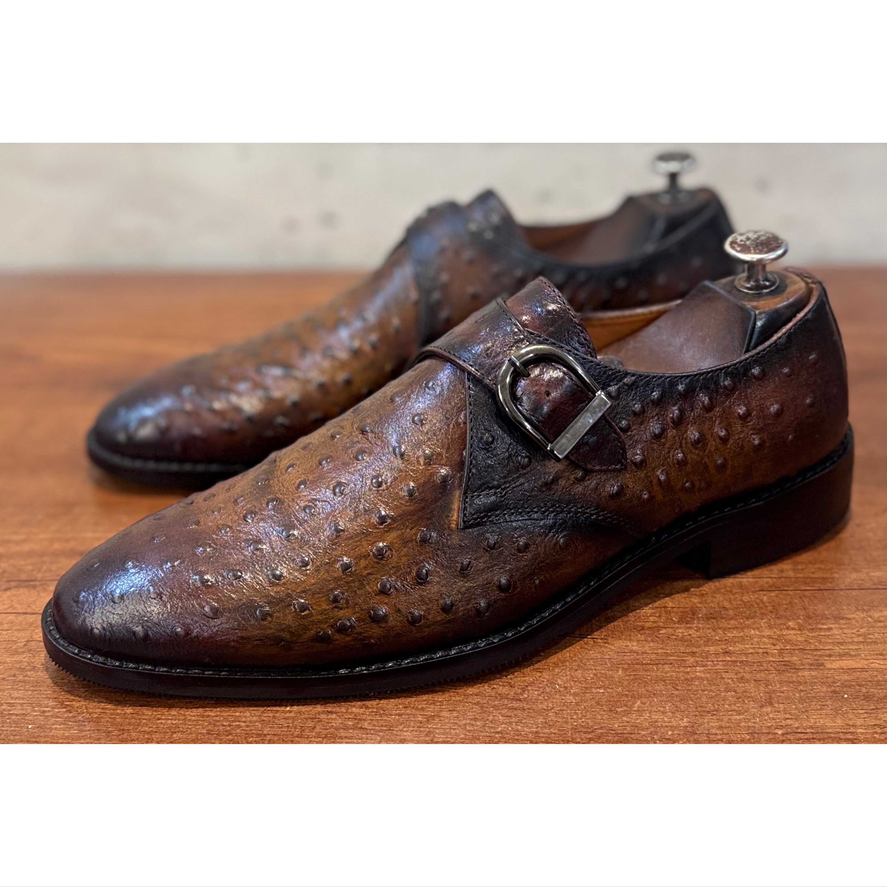 T Brown Ostrich Single Monk Straps