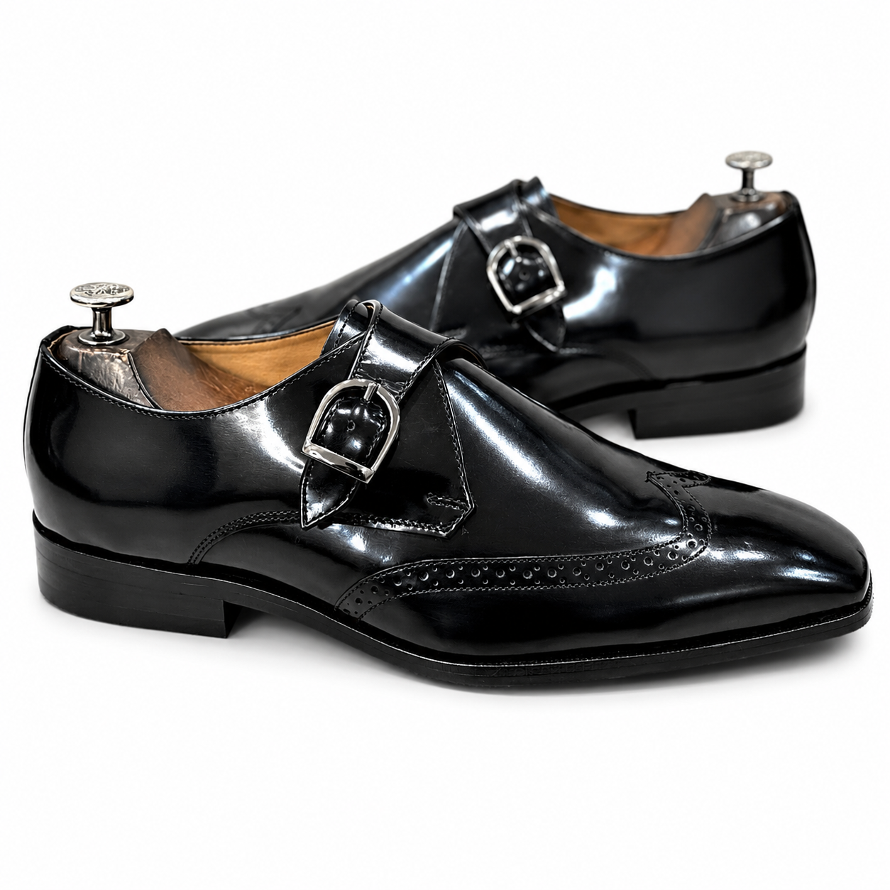 Black Patent Leather Monk Strap Shoes – Luxury Single Buckle Formal Dress Shoes