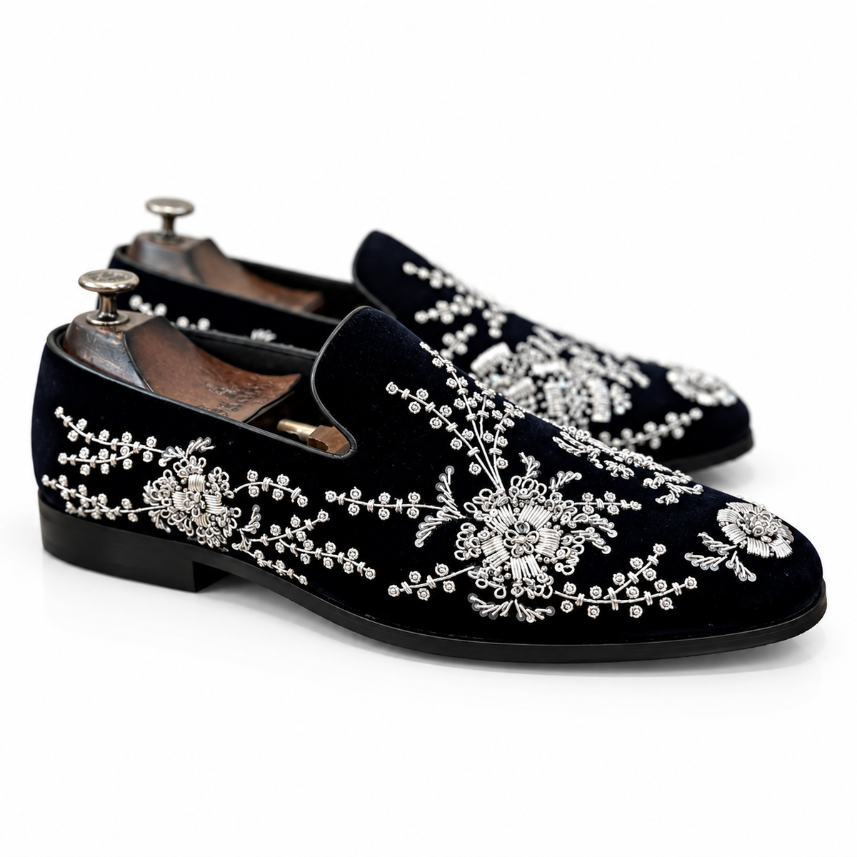 Noctivelle – Midnight Blue Velvet Loafers with Silver Zardozi Embroidery
