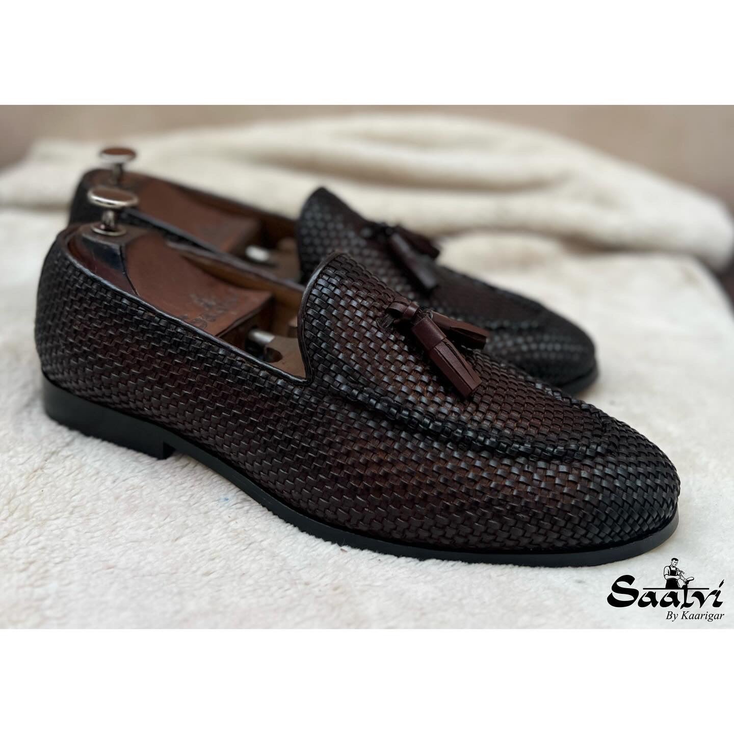 Brown Hand Woven Loafers With Tassels