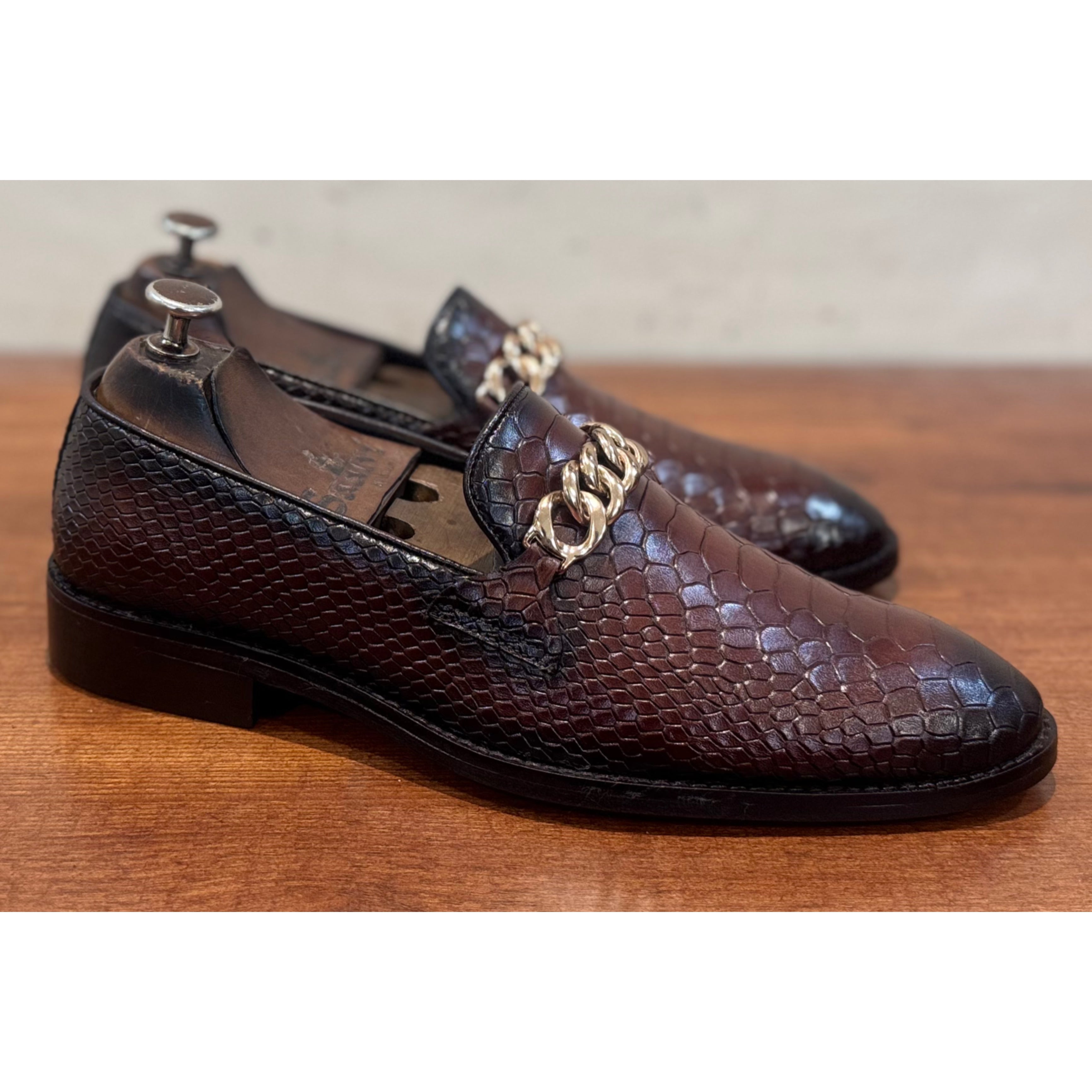 Python Embossed Loafers With Chain