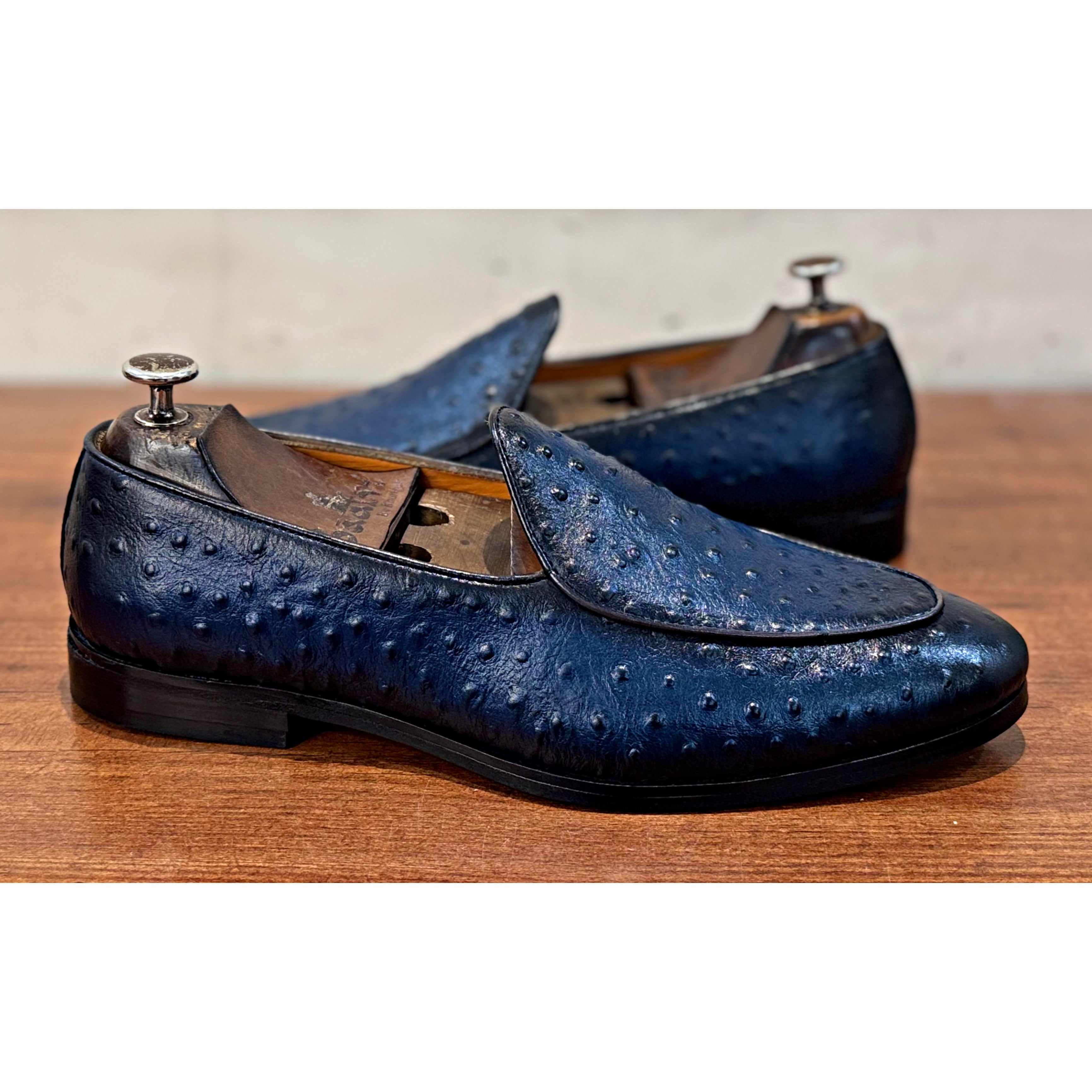 Belgian Loafers Ostrich Hand Patina Blue