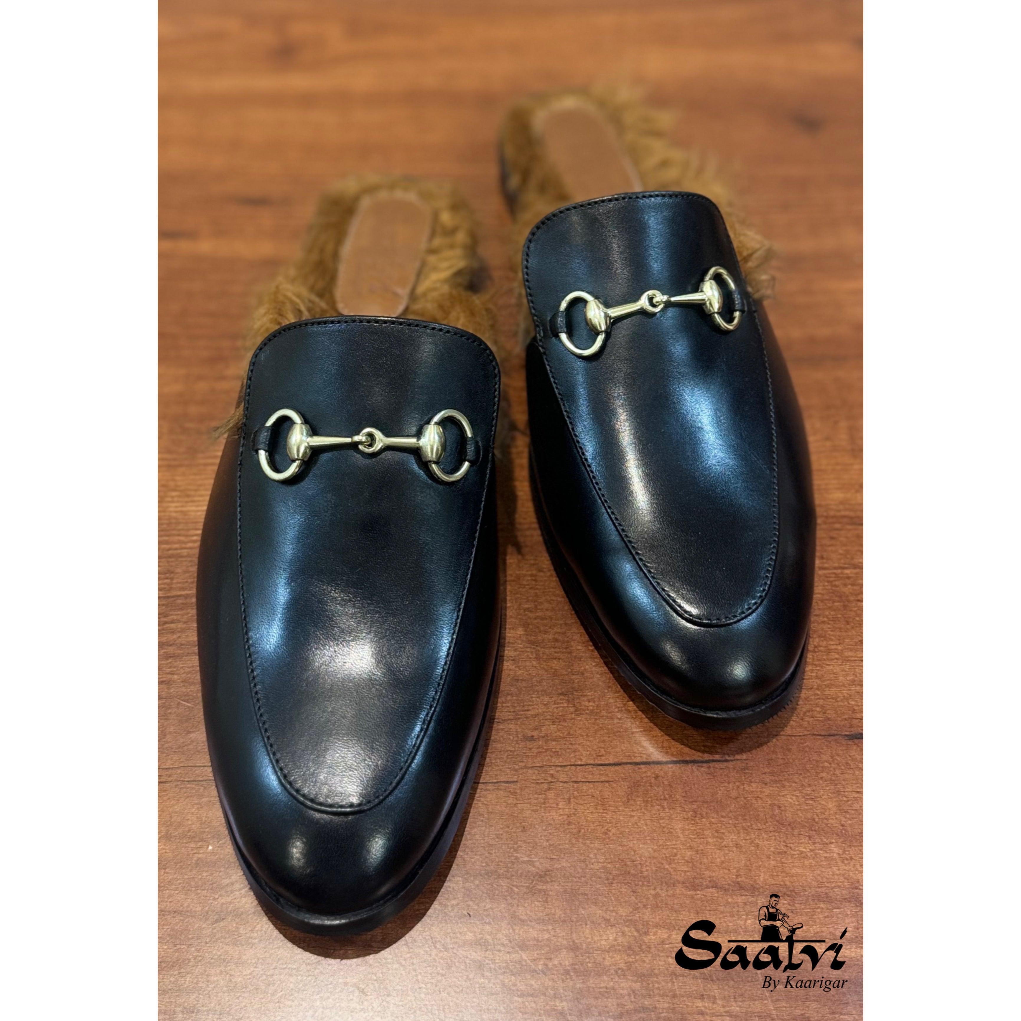 Black Horsebit Mules With Fur